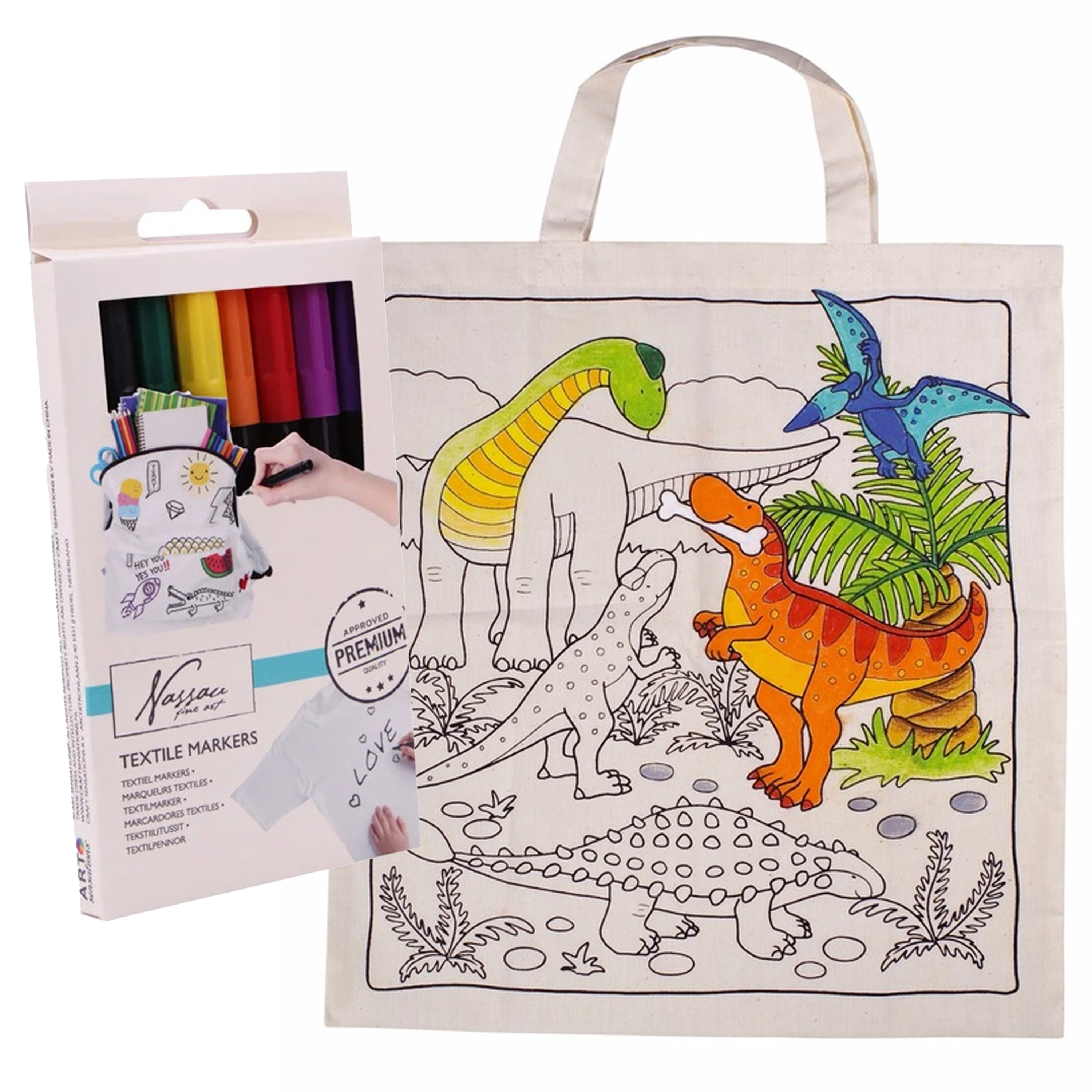 Inkleurbaar tasje met dinosaurus motief incl 8x textielstiften - katoen - 38 x 42 cm -