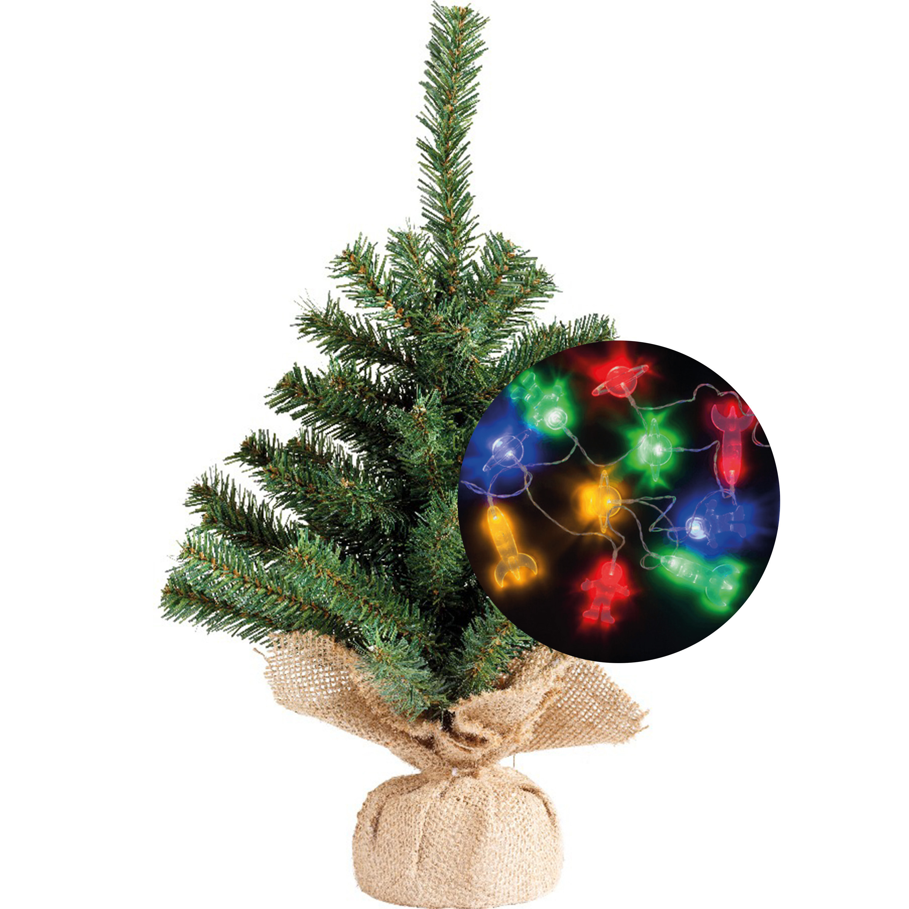Mini kerstboompje - 45 cm - incl. ruimte/space thema lichtsnoer 165 cm - kunststof -