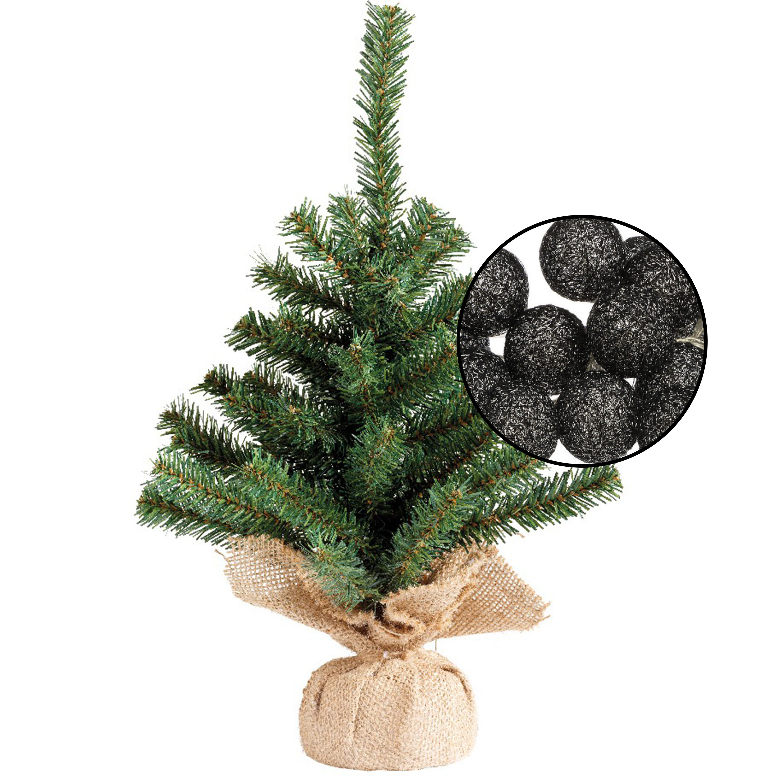Mini kerstboom groen - met verlichting bollen zwart - H45 cm -
