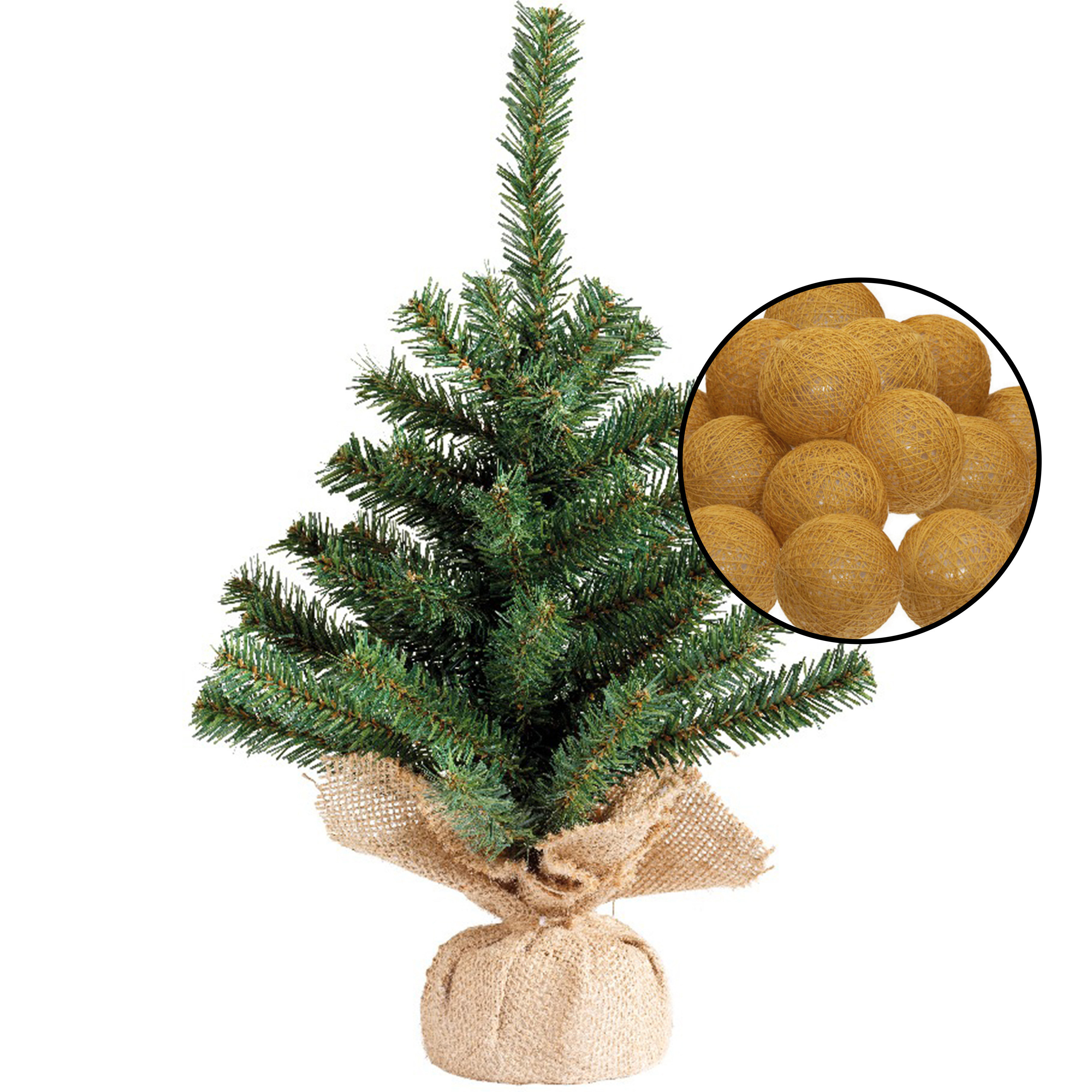 Mini kerstboom groen - met verlichting bollen okergeel - H45 cm -
