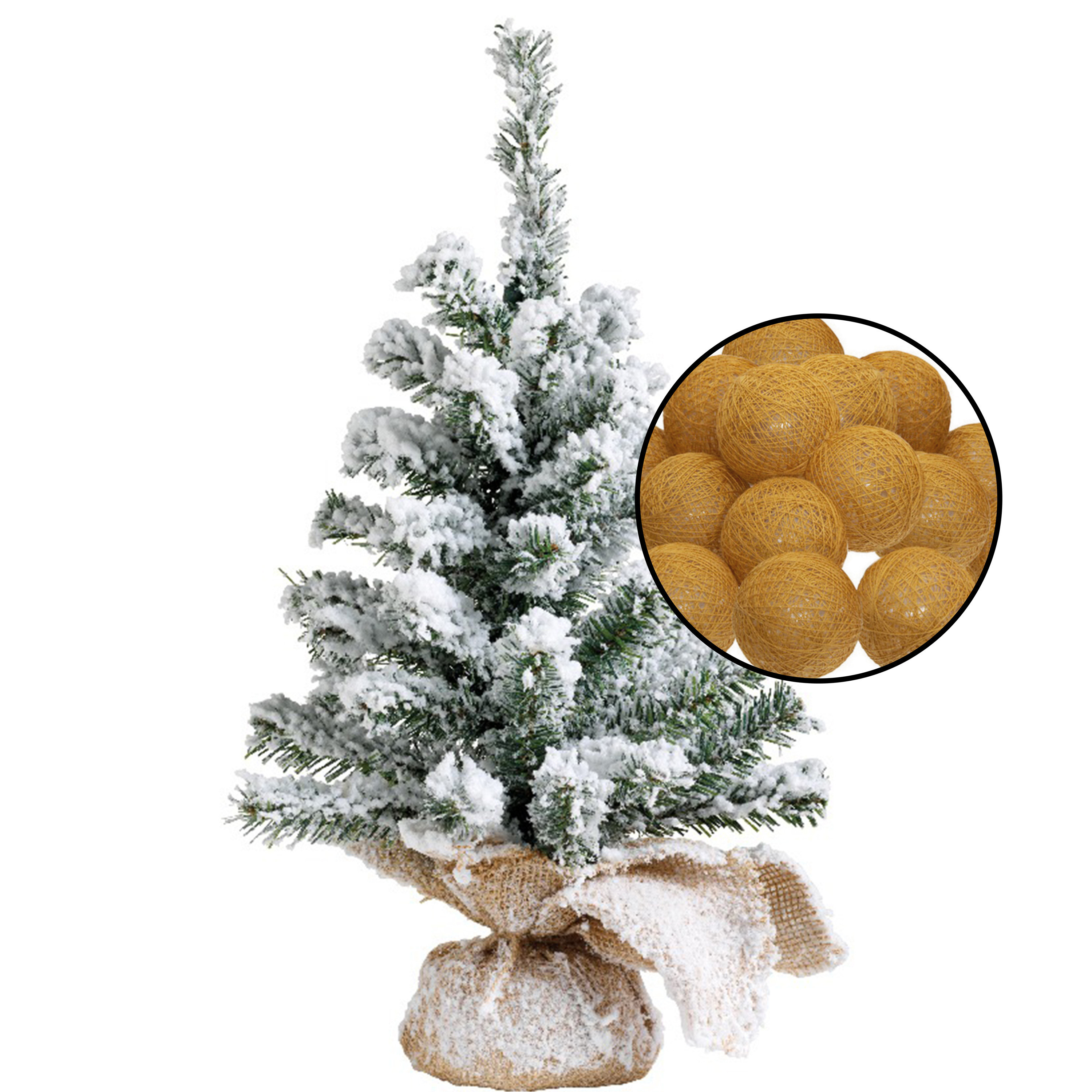 Mini kerstboom met sneeuw - incl. verlichting bollen okergeel - H45 cm -