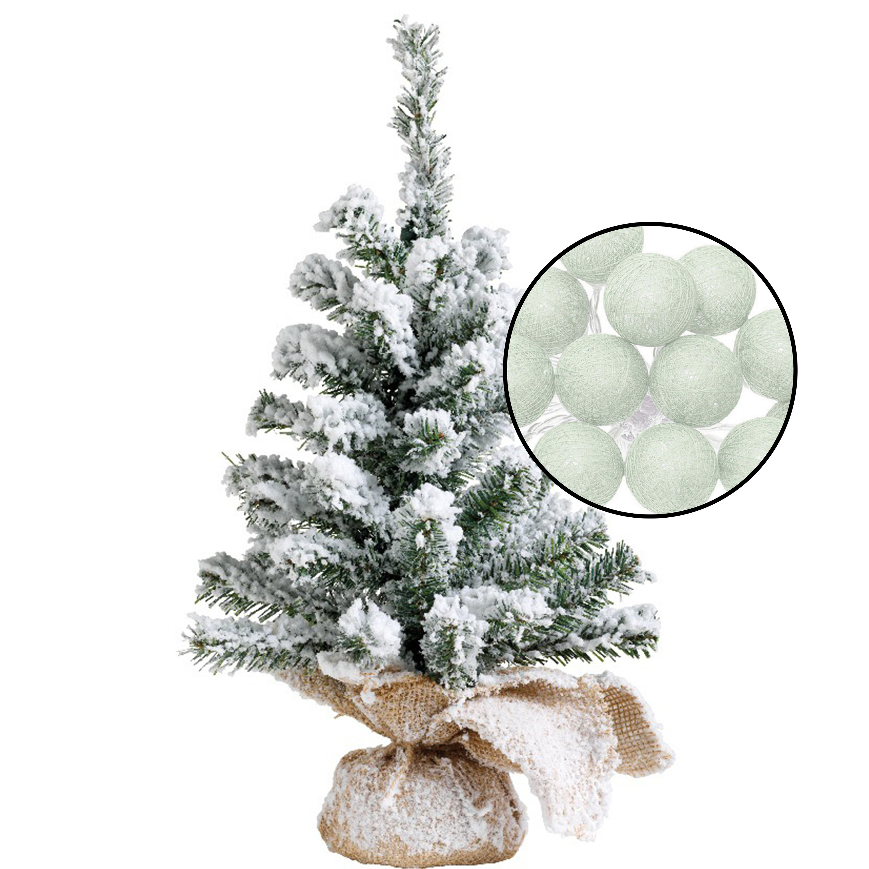 Mini kerstboom besneeuwd - incl. verlichting bollen lichtgroen - H45 cm -
