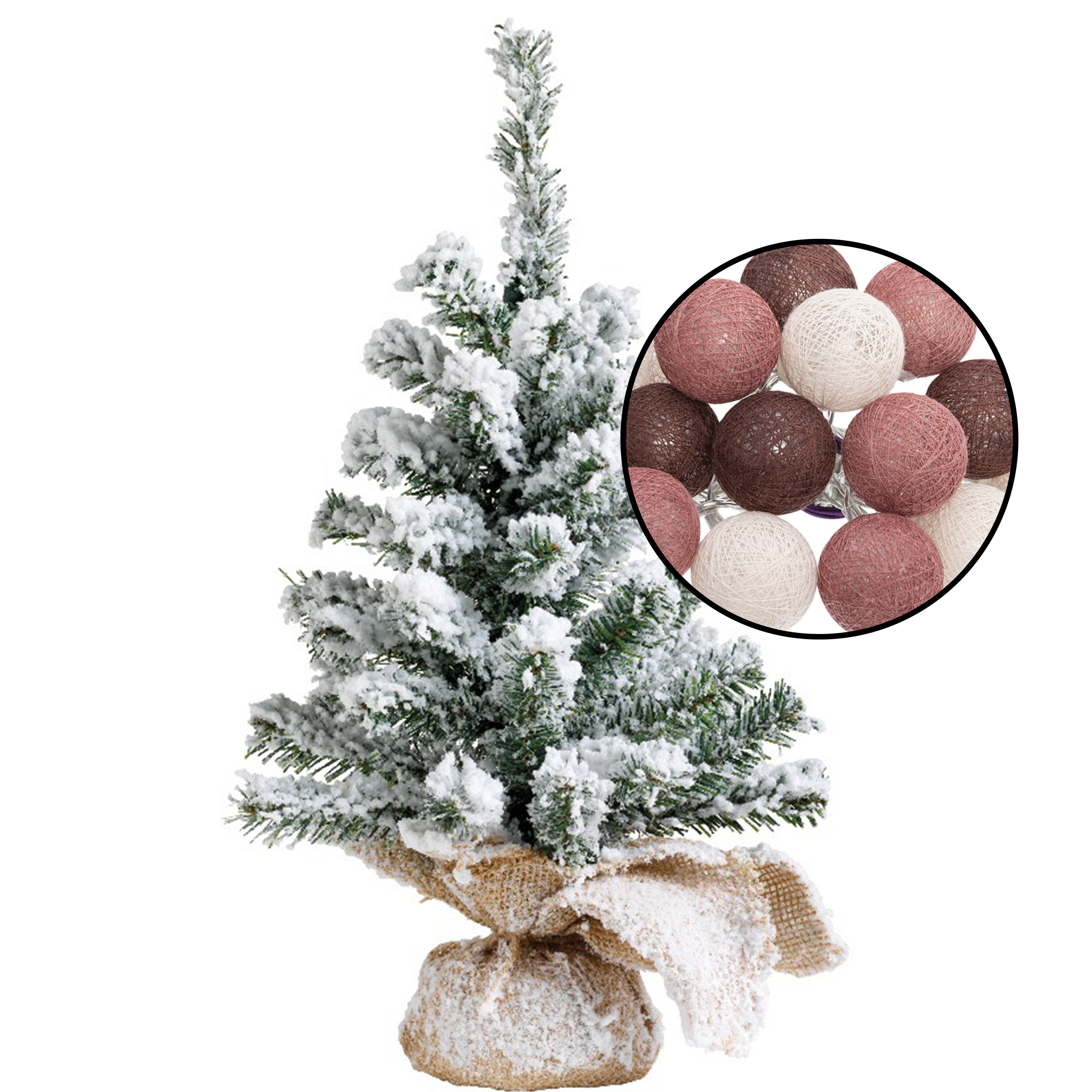 Mini kerstboom besneeuwd - incl. verlichting met bollen mix rood - H45 cm -
