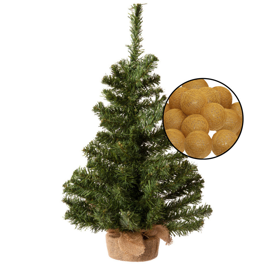 Mini kunst kerstboom groen - met verlichting bollen lichtsnoer geel - H60 cm -