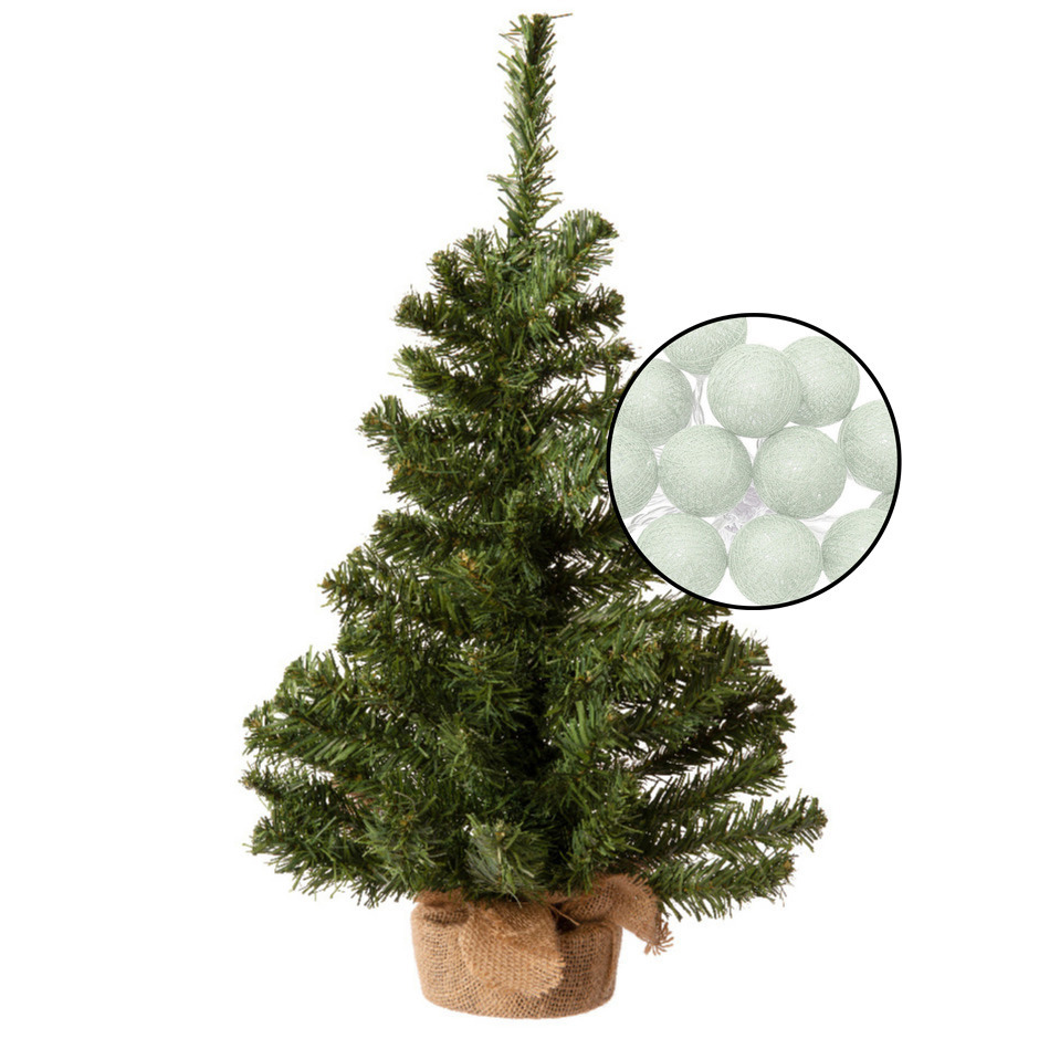 Mini kunst kerstboom groen - met lichtsnoer bollen lichtgroen - H60 cm -
