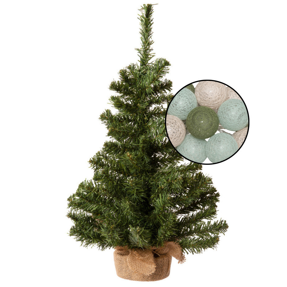 Mini kunst kerstboom groen - met lichtsnoer bollen mix groen/lichtroze - H60 cm -