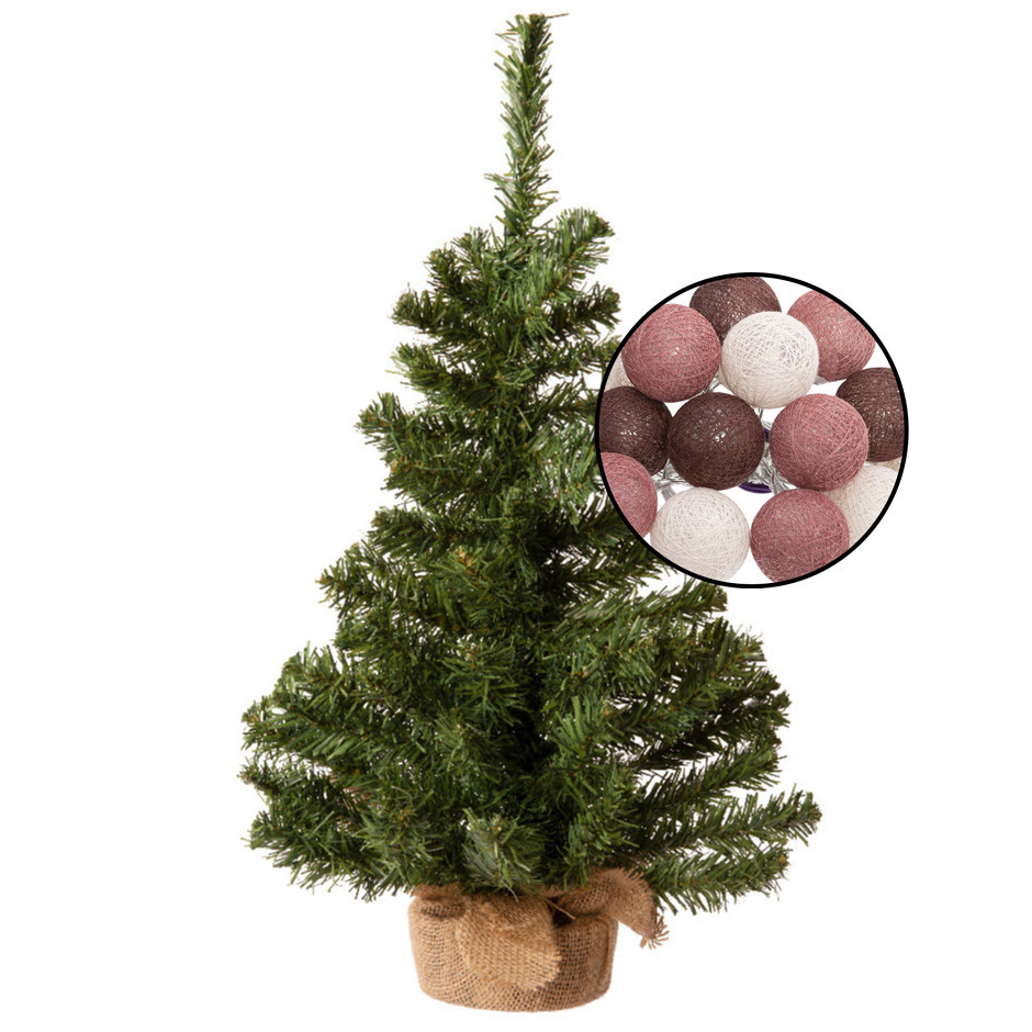 Mini kunst kerstboom groen - met lichtslinger bollen mix rood - H60 cm -