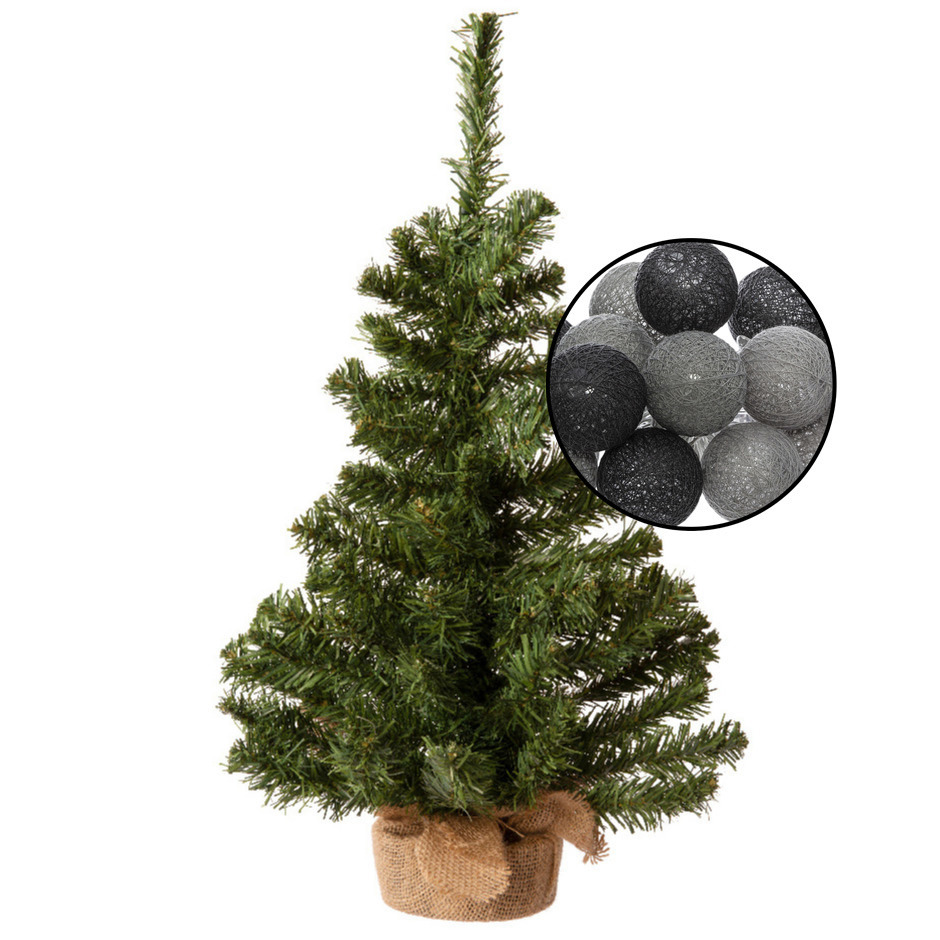 Mini kunst kerstboom groen - met verlichting bollen zwart/grijs - H60 cm -