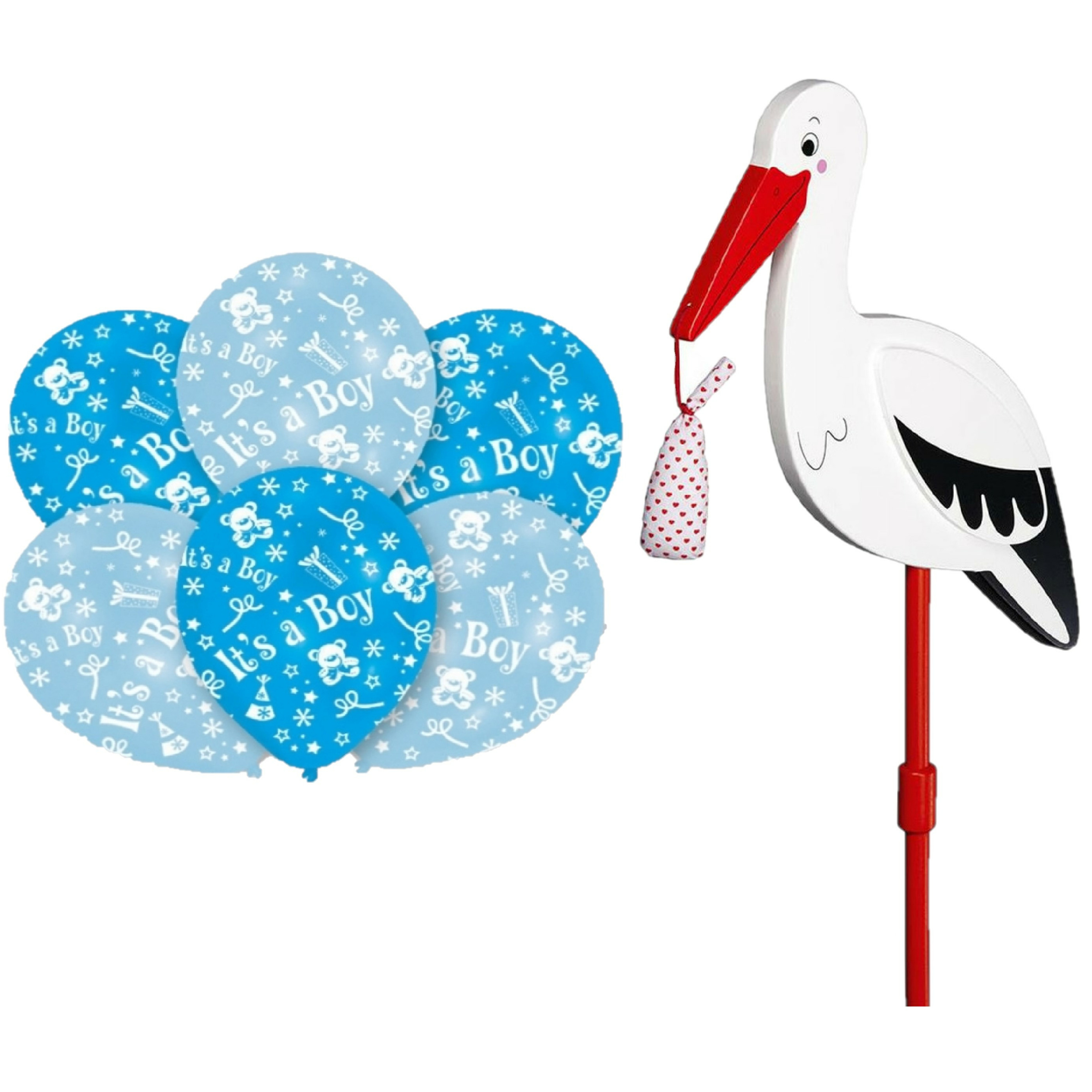Geboorte versiering jongen - ooievaar geboorte bord - 77 cm hoog - 6x blauwe ballonnen -