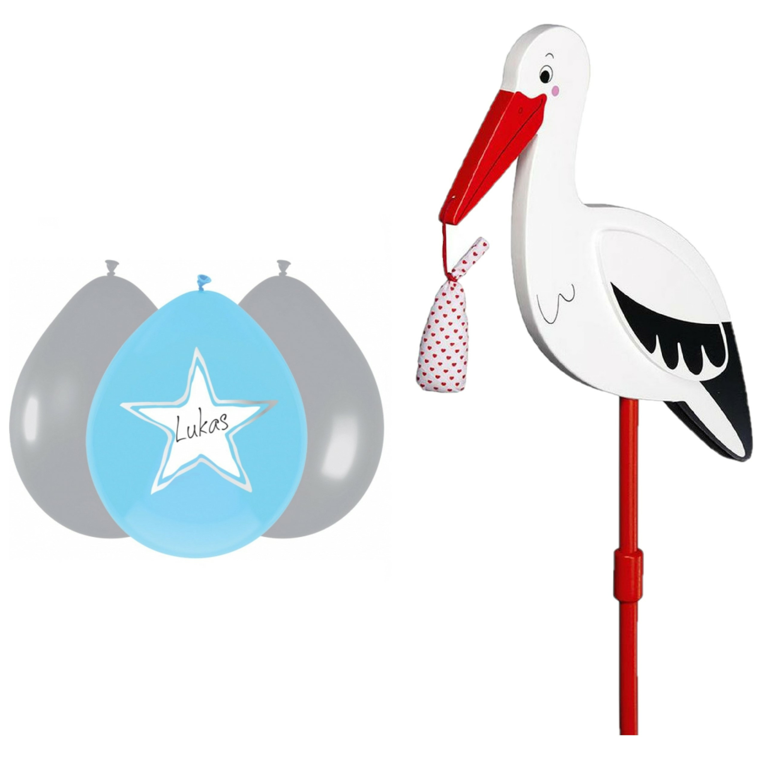 Geboorte versiering jongen - ooievaar geboorte bord - 77 cm hoog - 6x blauwe ballonnen -