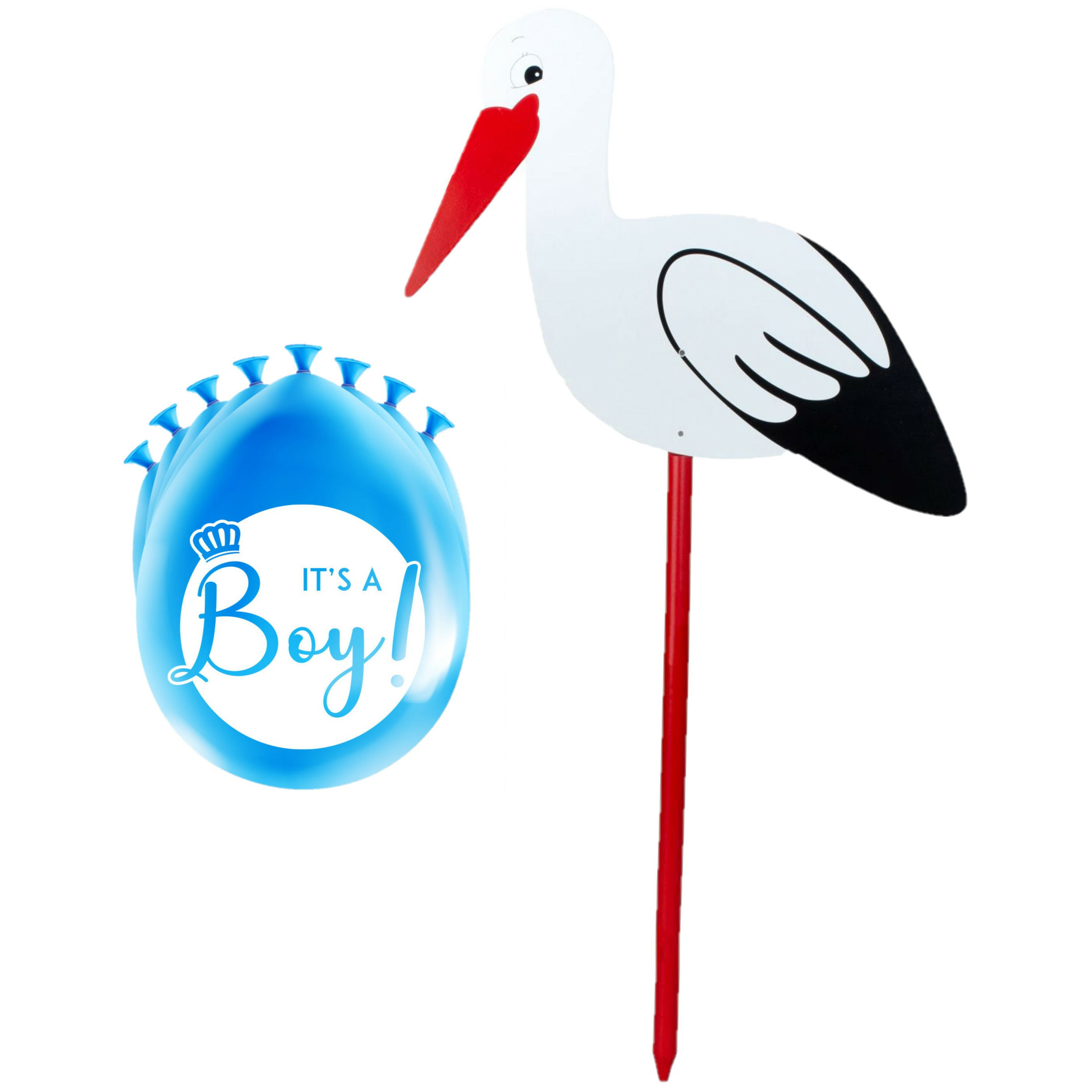 Geboorte versiering jongen - ooievaar geboorte bord - 100 cm hoog - 8x blauwe ballonnen -