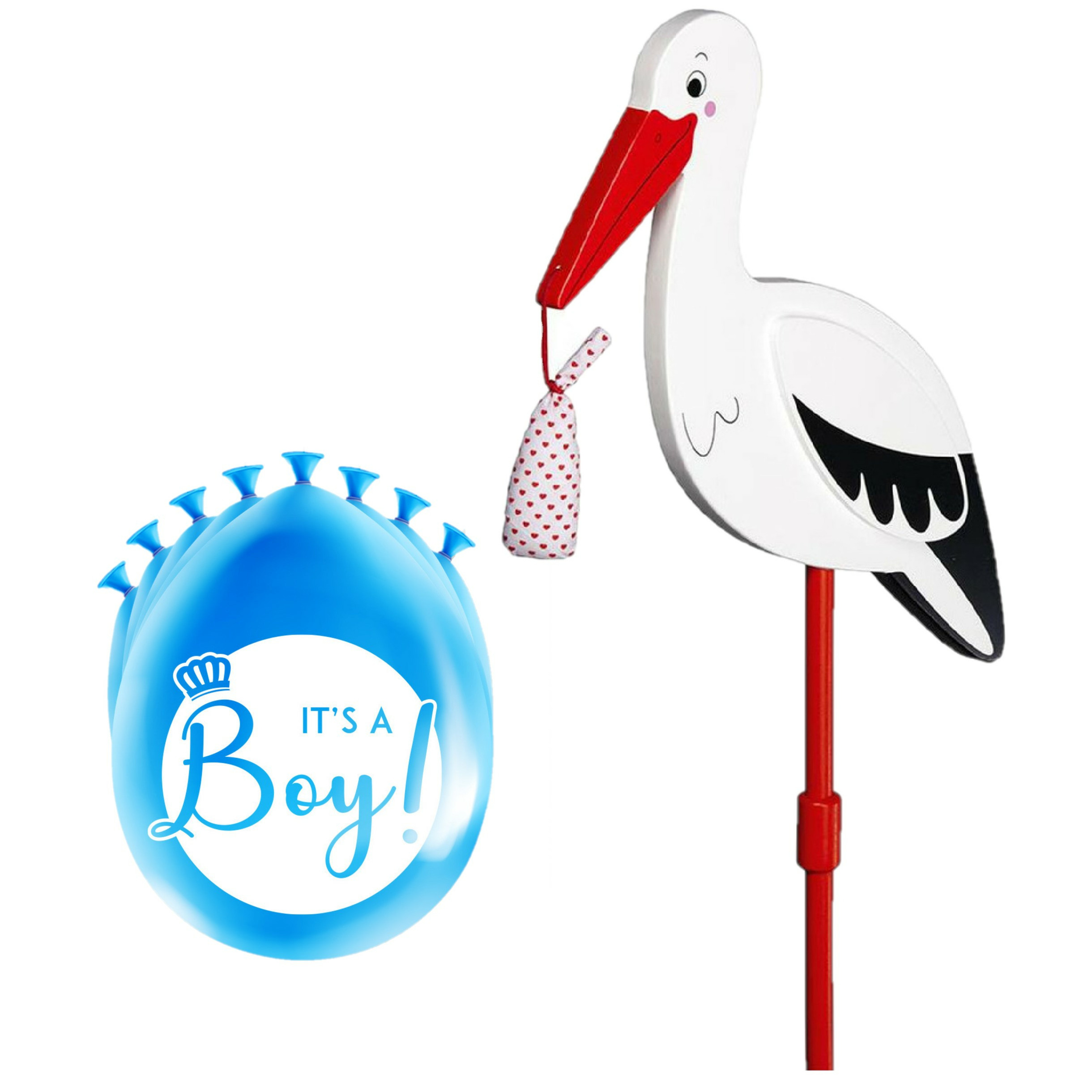 Geboorte versiering jongen - ooievaar geboorte bord - 77 cm hoog - 8x blauwe ballonnen -