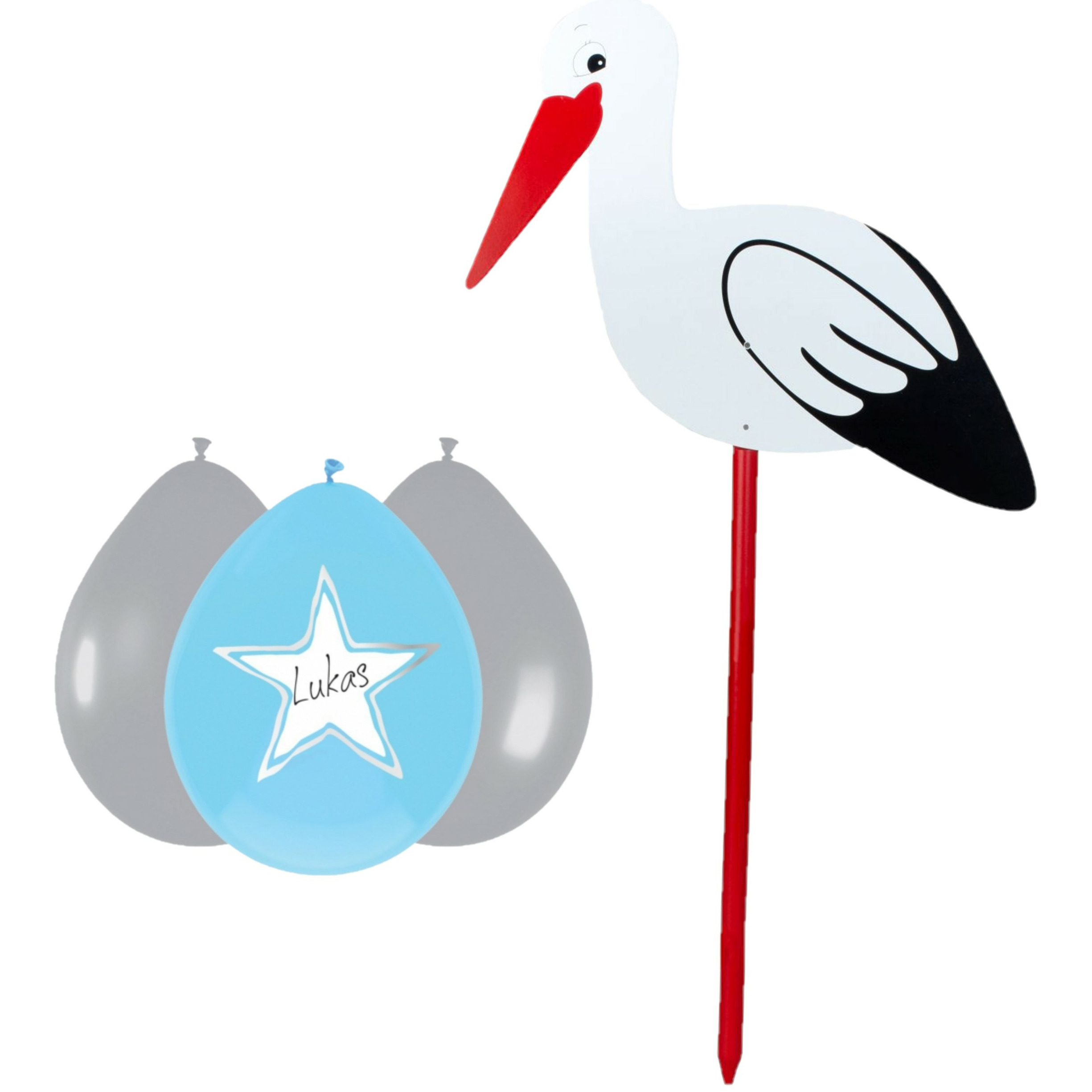 Geboorte versiering jongen - ooievaar geboorte bord - 100 cm hoog - 6x blauwe ballonnen -
