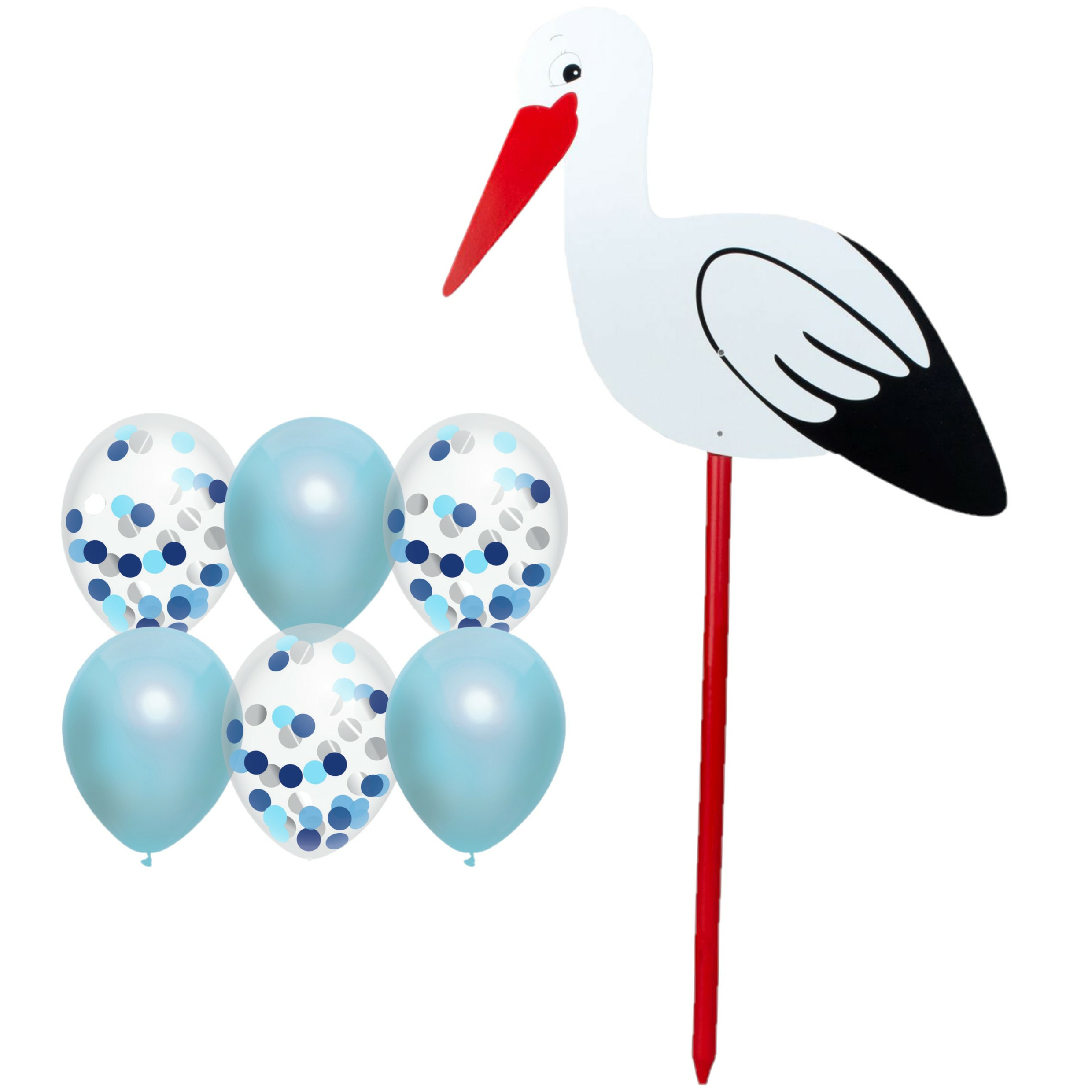 Geboorte versiering jongen - ooievaar geboorte bord - 100 cm hoog - 6x blauwe ballonnen -