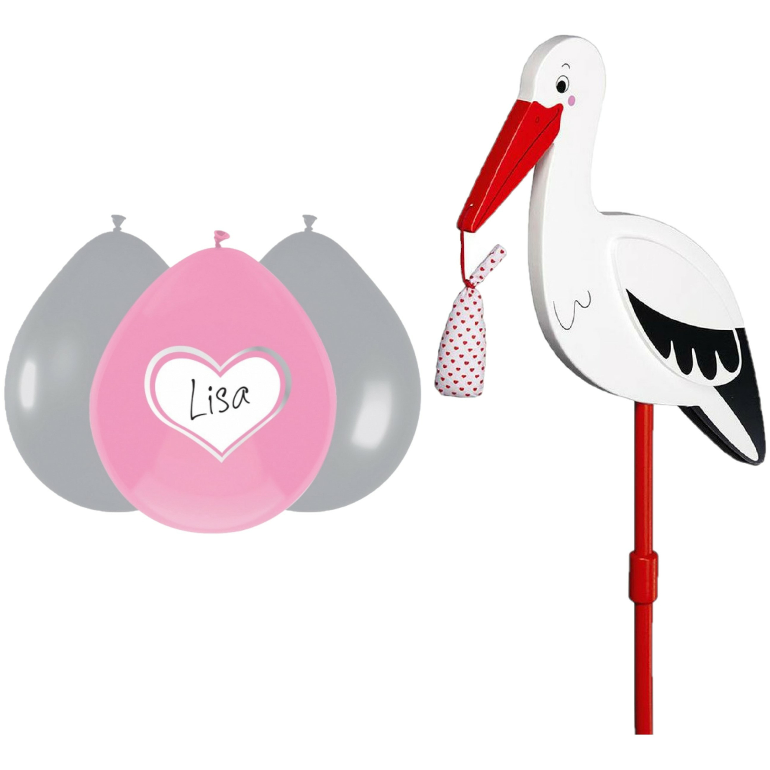 Geboorte versiering meisje - ooievaar geboorte bord - 77 cm hoog - 6x roze ballonnen -