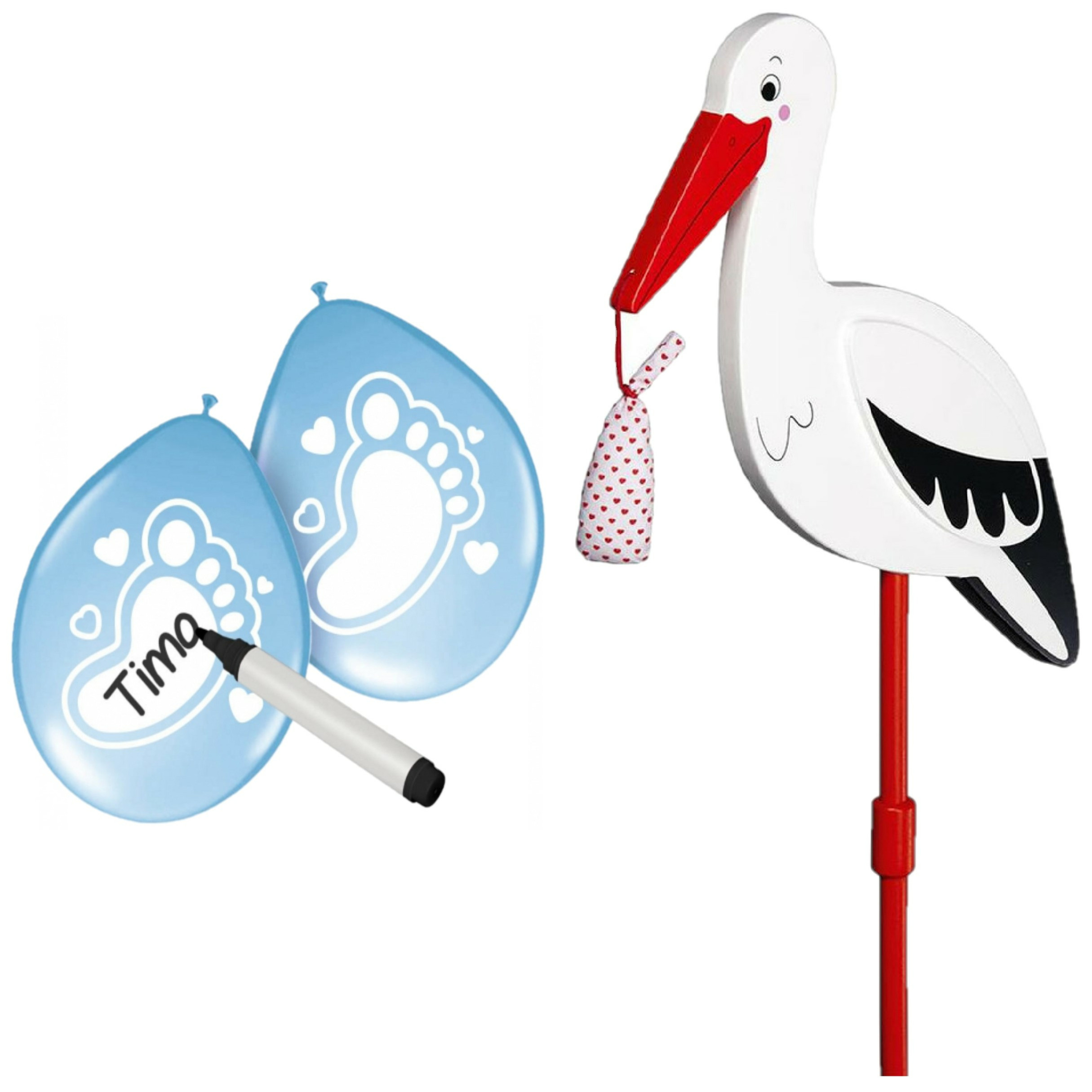 Geboorte versiering jongen - ooievaar geboorte bord - 77 cm hoog - 6x blauwe ballonnen -