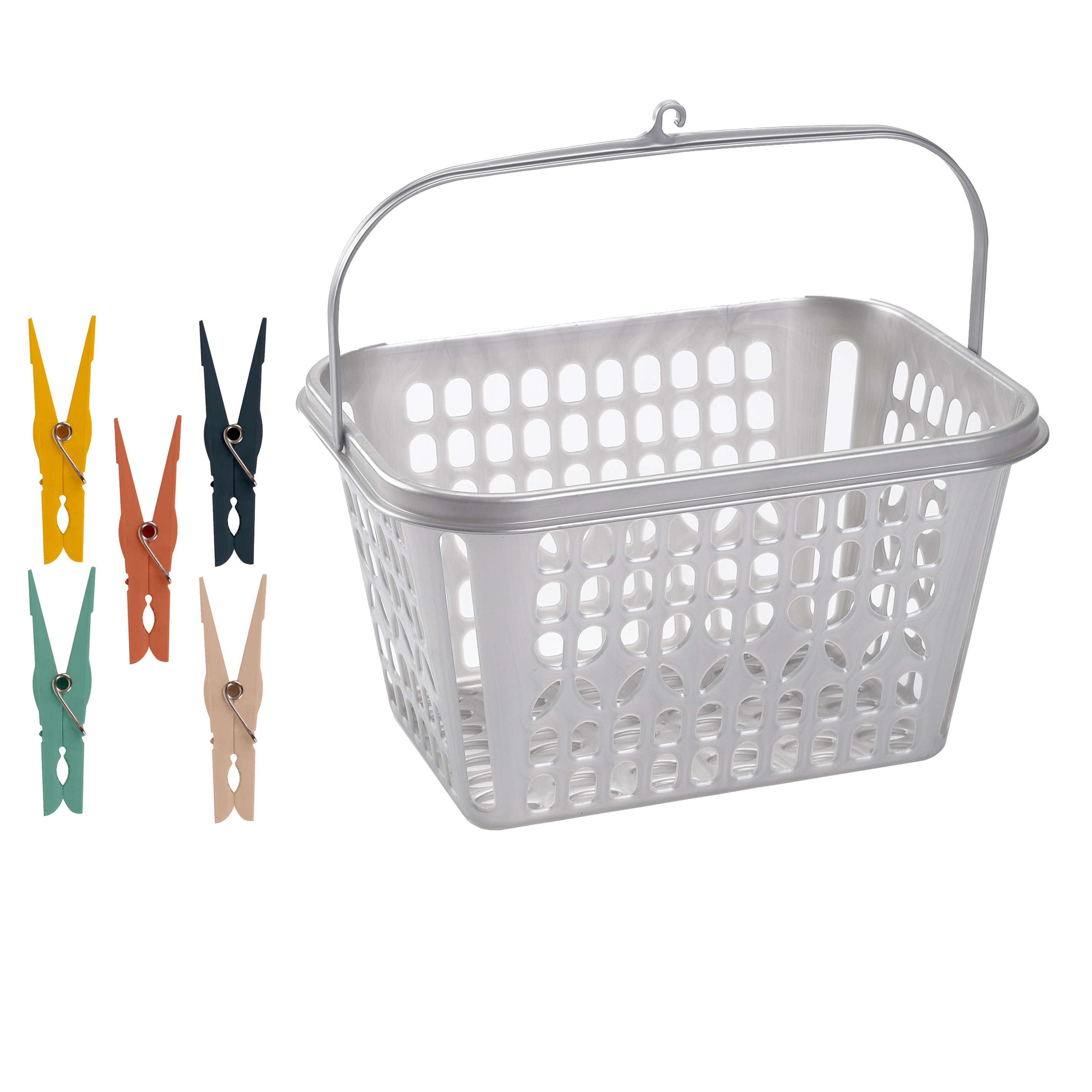 Wasknijper mandje/bakje - zilver - inclusief 100x wasknijpers - kunststof -