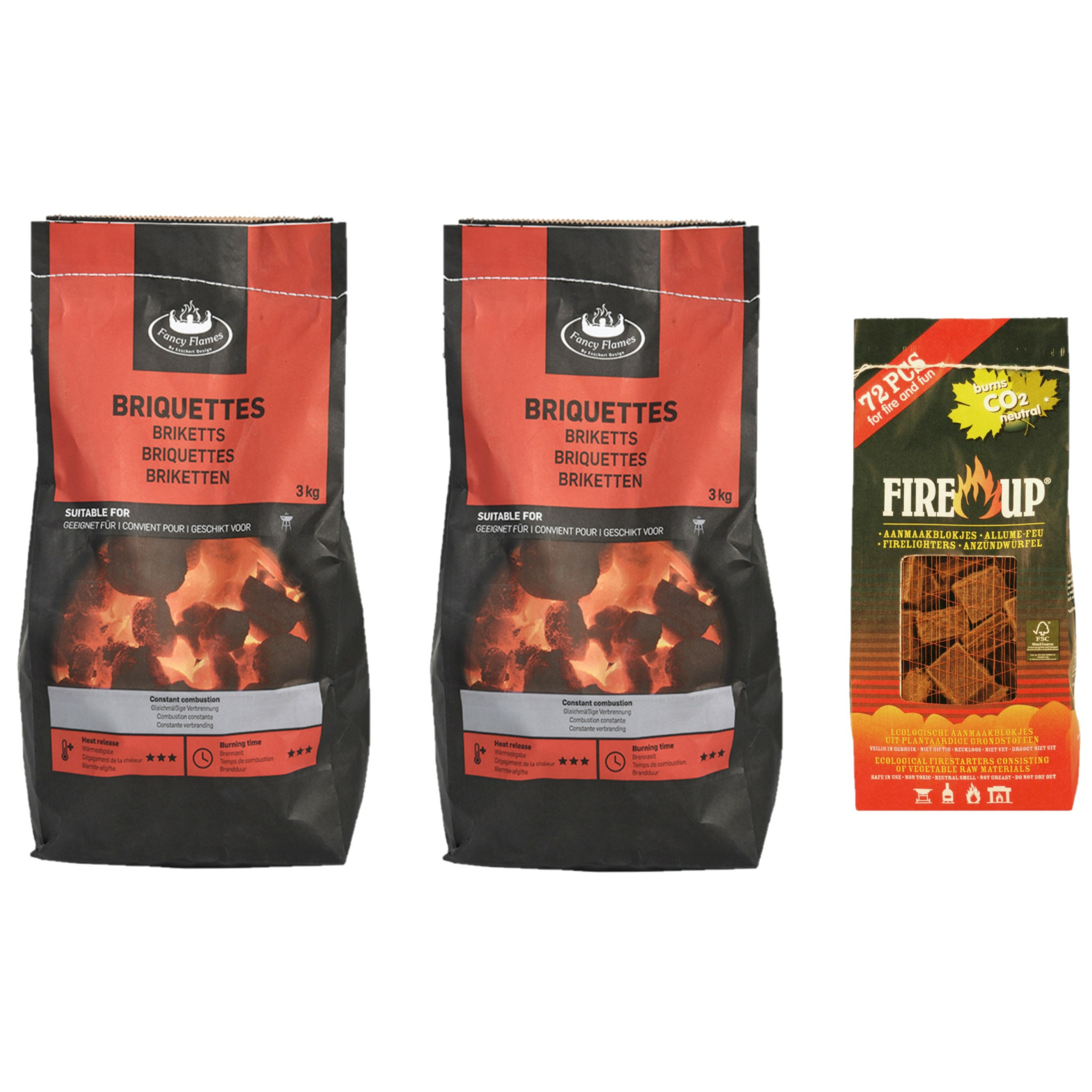 BBQ starterspakket - houtskool briketten 6 kilo - barbecue aanmaakblokjes 72x -
