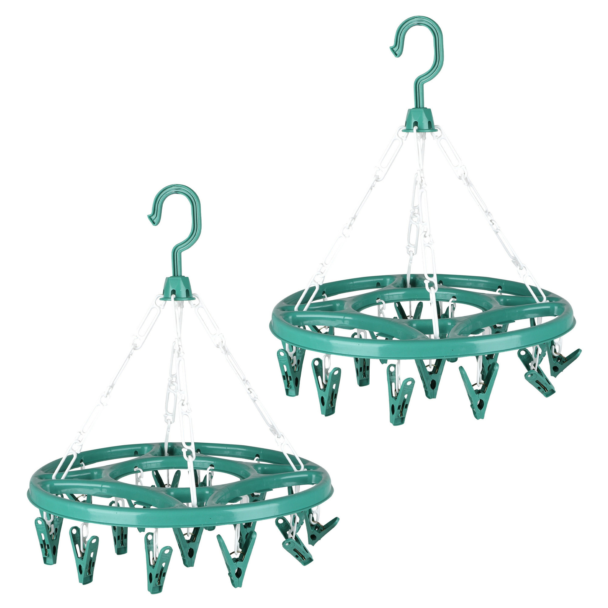 Wasgoed droogcarrousel/droogmolen - 2x - 18 clips/knijpers - groen - kunststof - 32 cm -