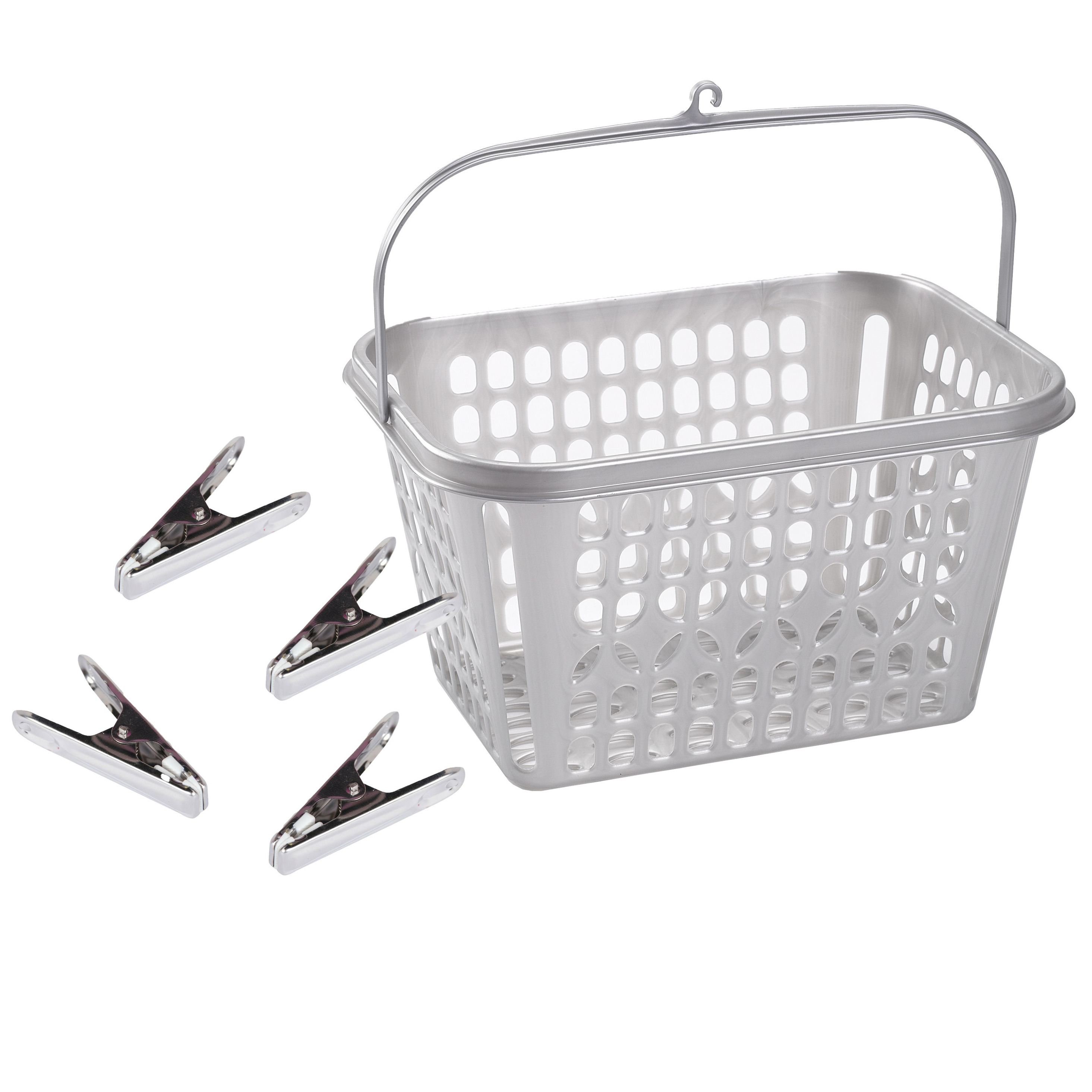 Wasknijper mandje/bakje - zilver - inclusief 40x wasknijpers - RVS metaal -
