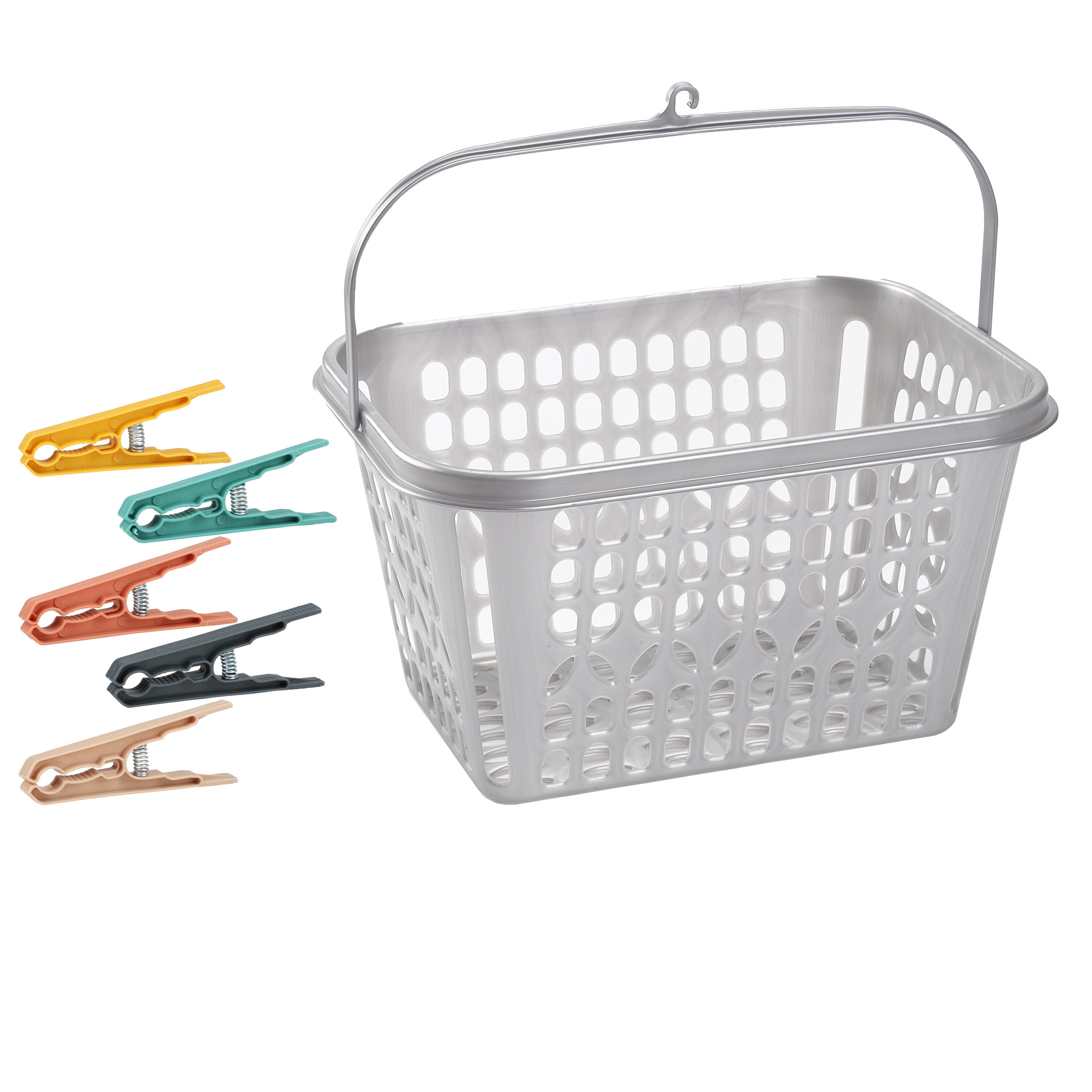 Wasknijper mandje/bakje - zilver - inclusief 48x wasknijpers - kunststof -