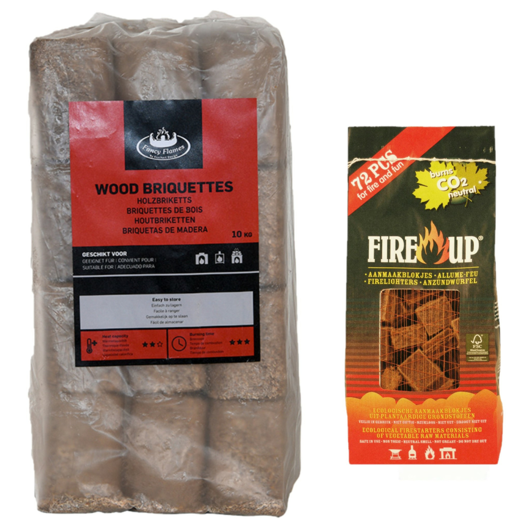 Houtbriketten - 10 kilo - kachel/openhaard - incl 72x aanmaakblokjes -
