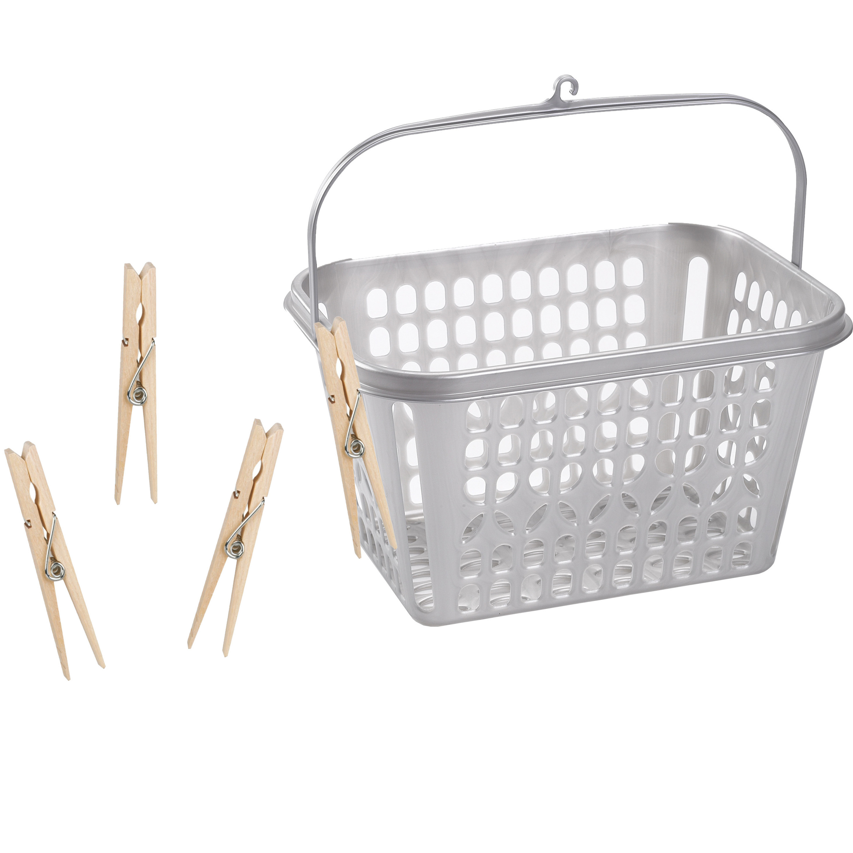 Wasknijper mandje/bakje - zilver - inclusief 48x wasknijpers - hout -