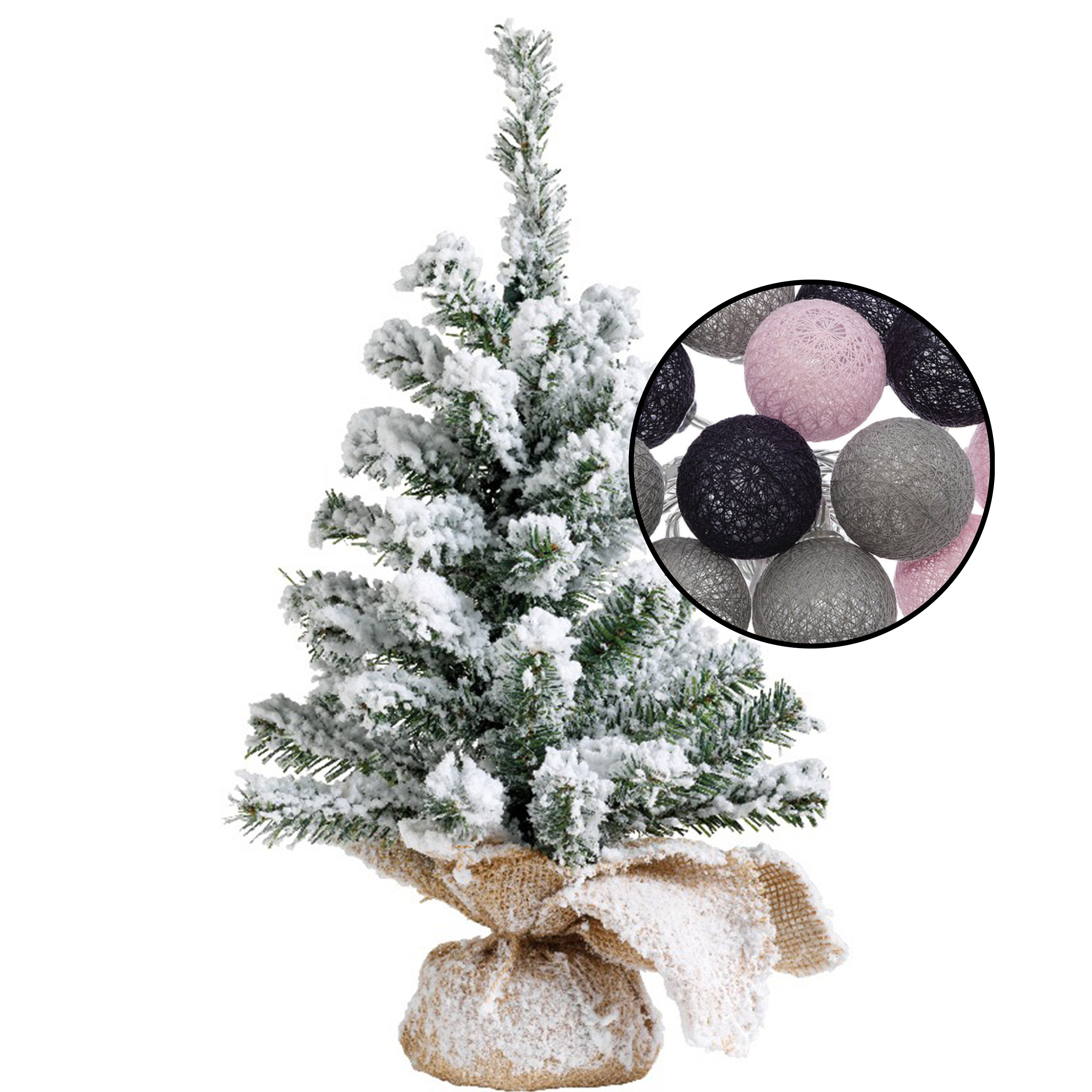 Mini kerstboom besneeuwd - incl. verlichting met bollen mix grijs/lichtroze - H45 cm -