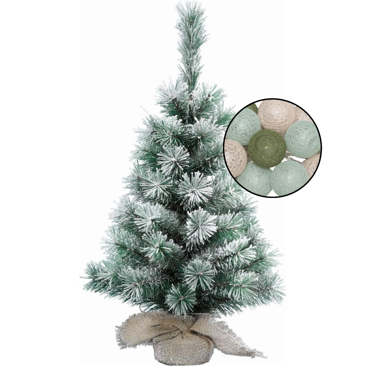 Kleine kerstboom met sneeuw -incl. verlichting bollen mix groen/lichtroze - H60 cm -