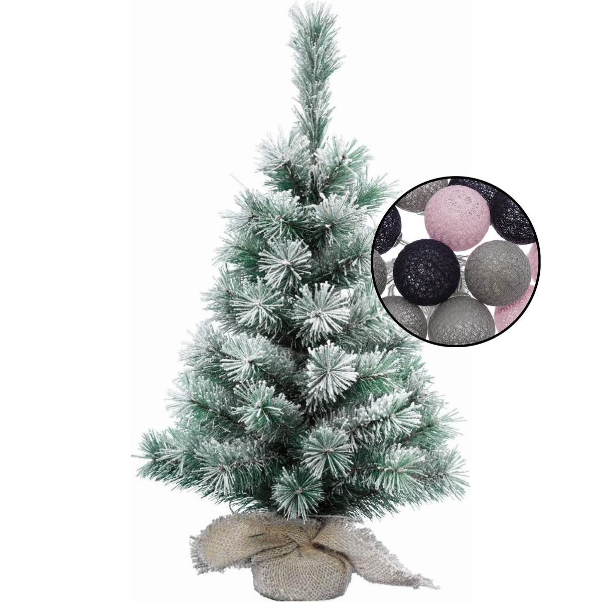 Kleine kerstboom besneeuwd -incl. verlichting bollen mix grijs/lichtroze - H60 cm -