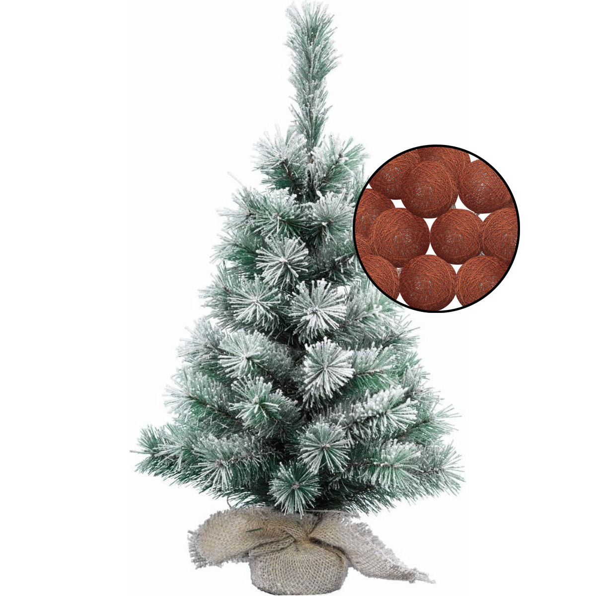 Mini kerstboom besneeuwd -incl. verlichting bollen terracotta bruin- H60 cm -