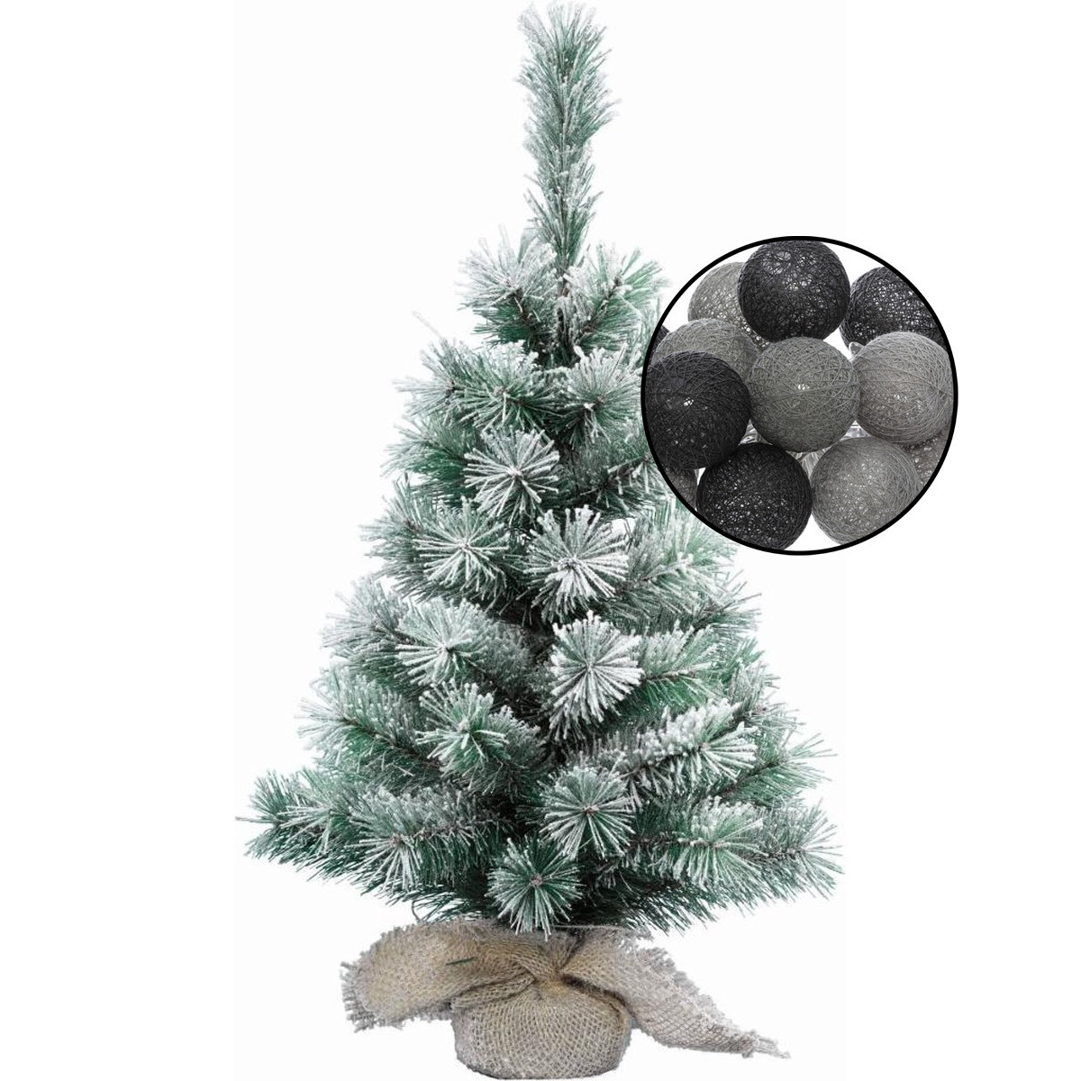 Kleine kunst kerstboom besneeuwd -incl. verlichting bollen zwart/grijs- H60 cm -