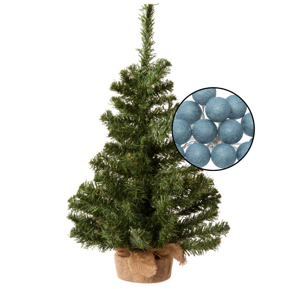 Mini kunstboompje groen - met verlichte bollen lichtsnoer blauw - H60 cm -