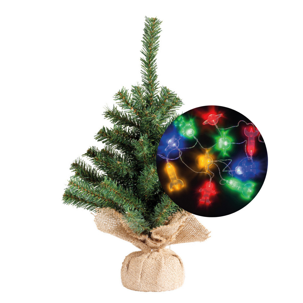 Mini kerstboompje - 35 cm - incl. ruimte/space thema lichtsnoer 165 cm - kunststof -