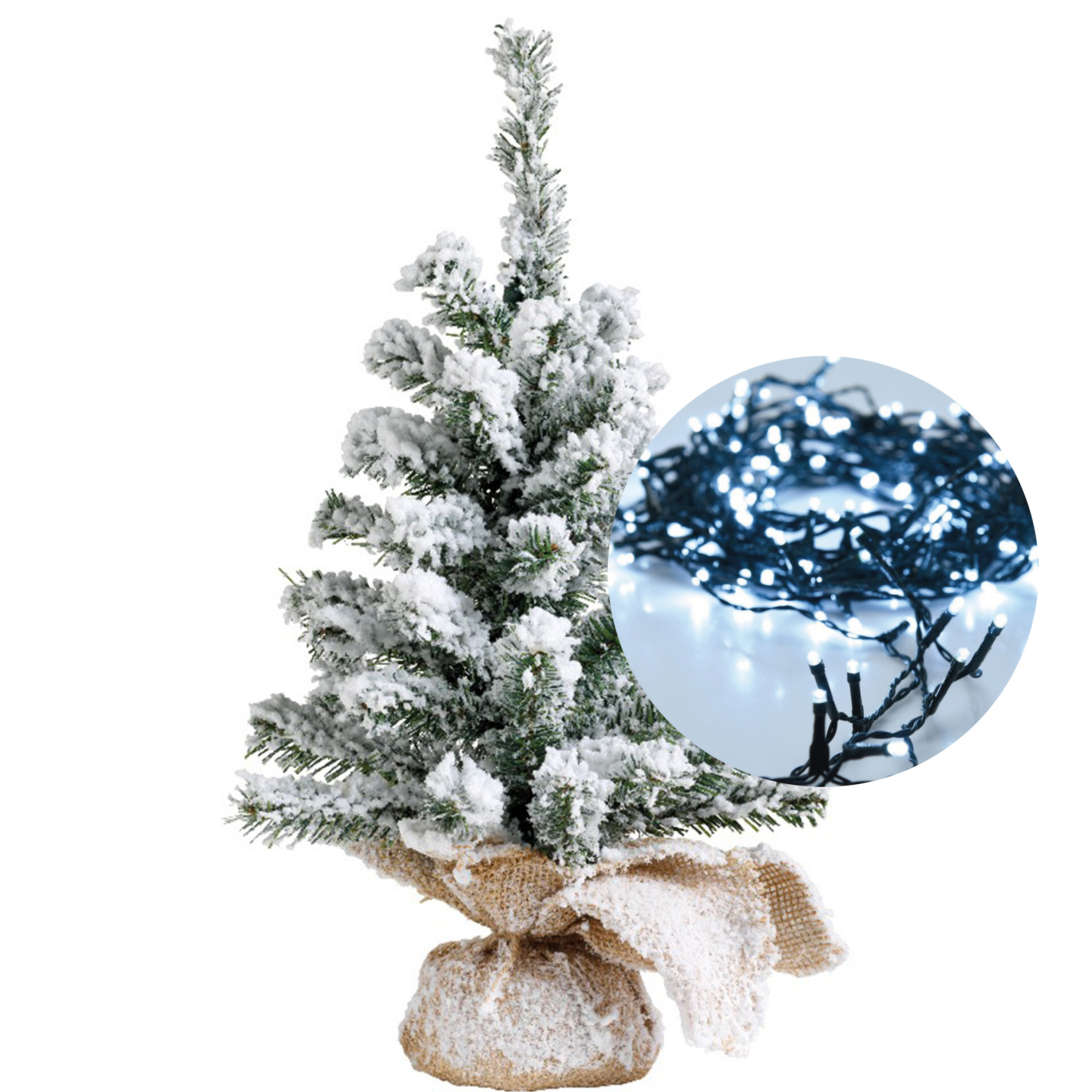 Mini kerstboom besneeuwd 45 cm - met kerstverlichting helder wit 300 cm - 40 leds -