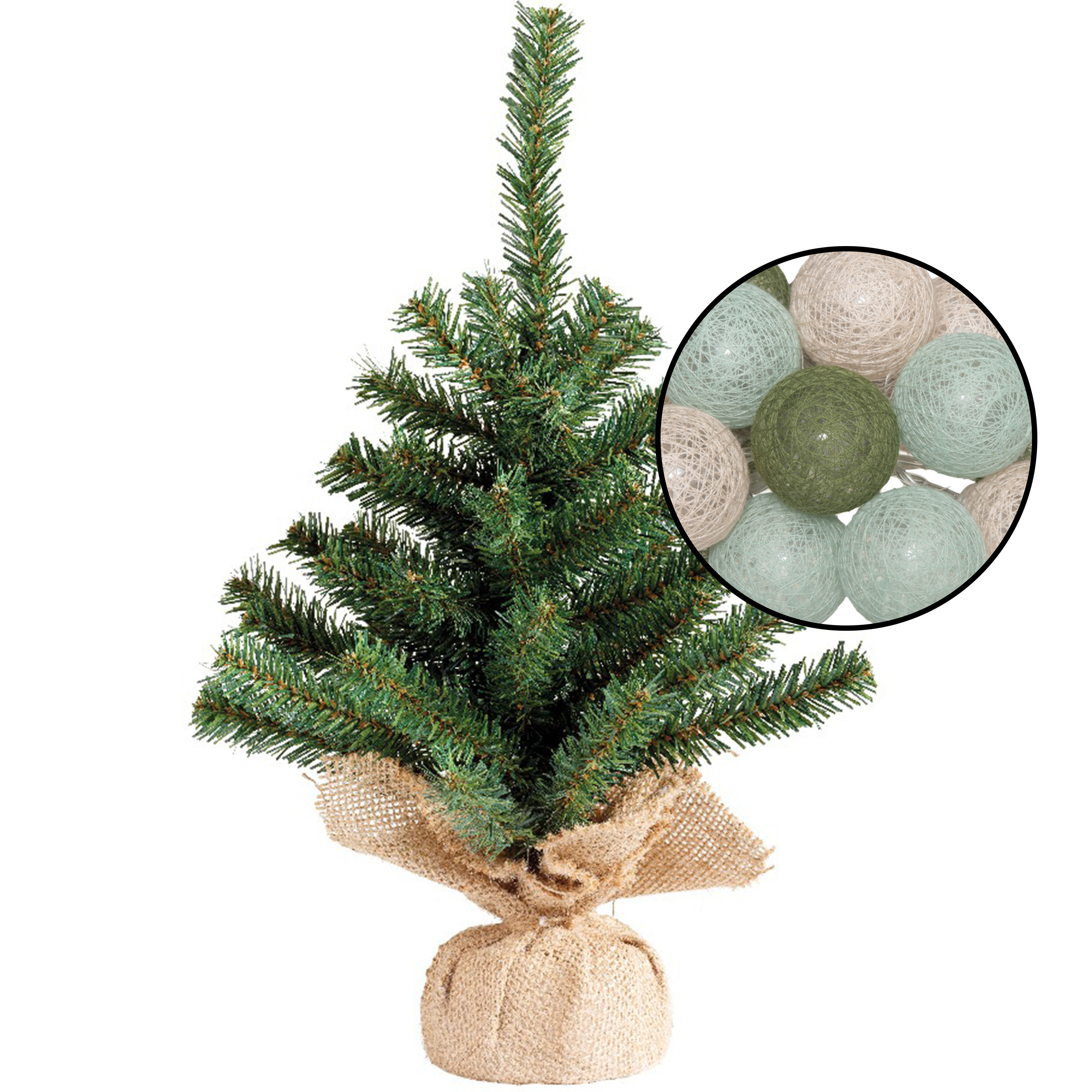 Mini kerstboom groen - met verlichting bollen groen/lichtroze - H45 cm -