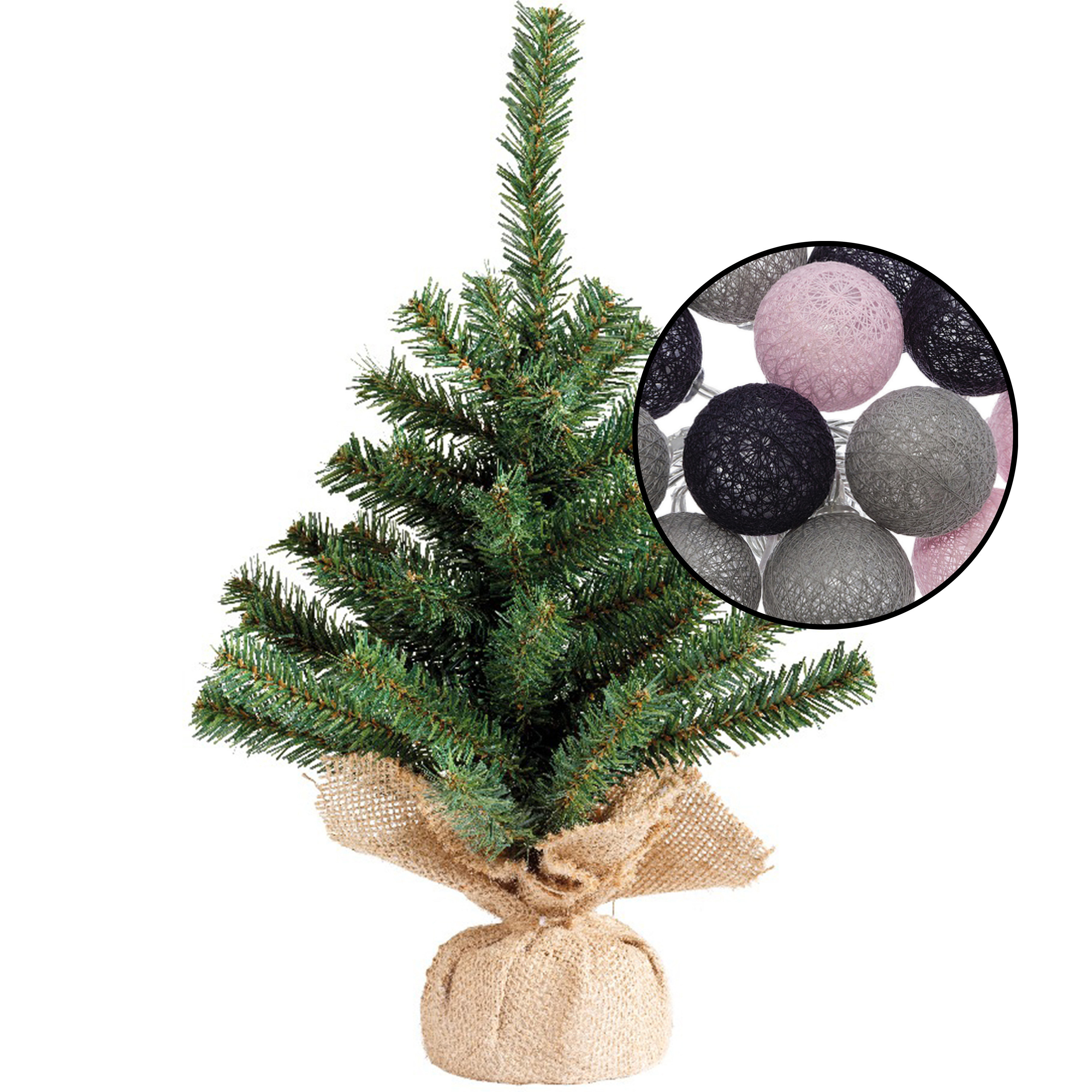 Mini kerstboom groen - met verlichting bollen grijs/lichtroze - H45 cm -