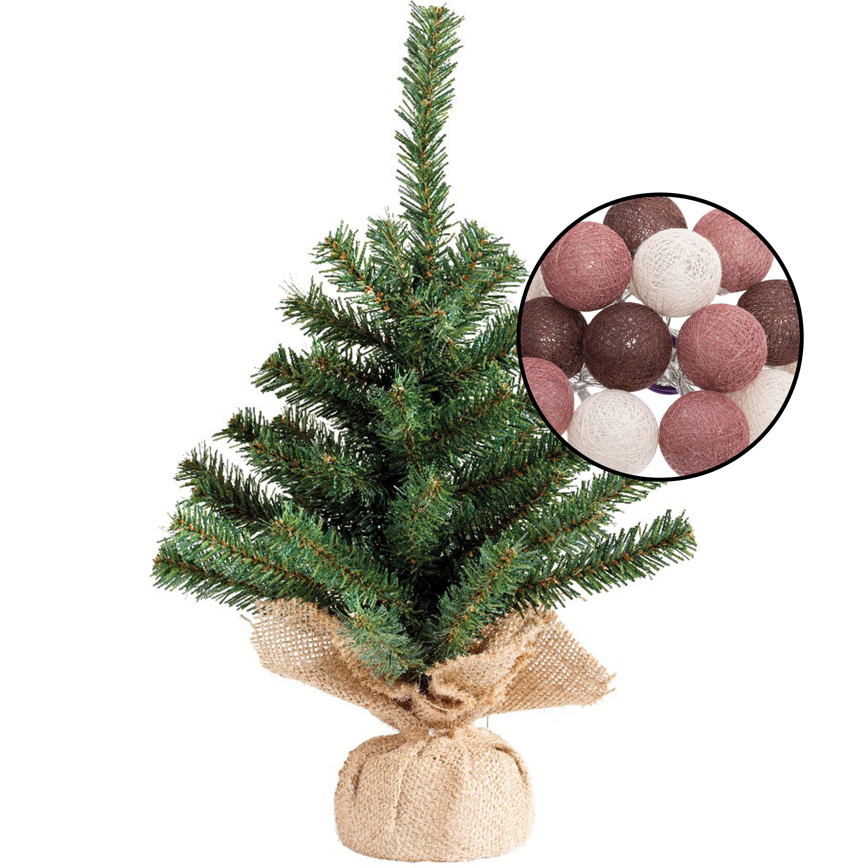 Mini kerstboom groen - met verlichting bollen mix rood - H45 cm -