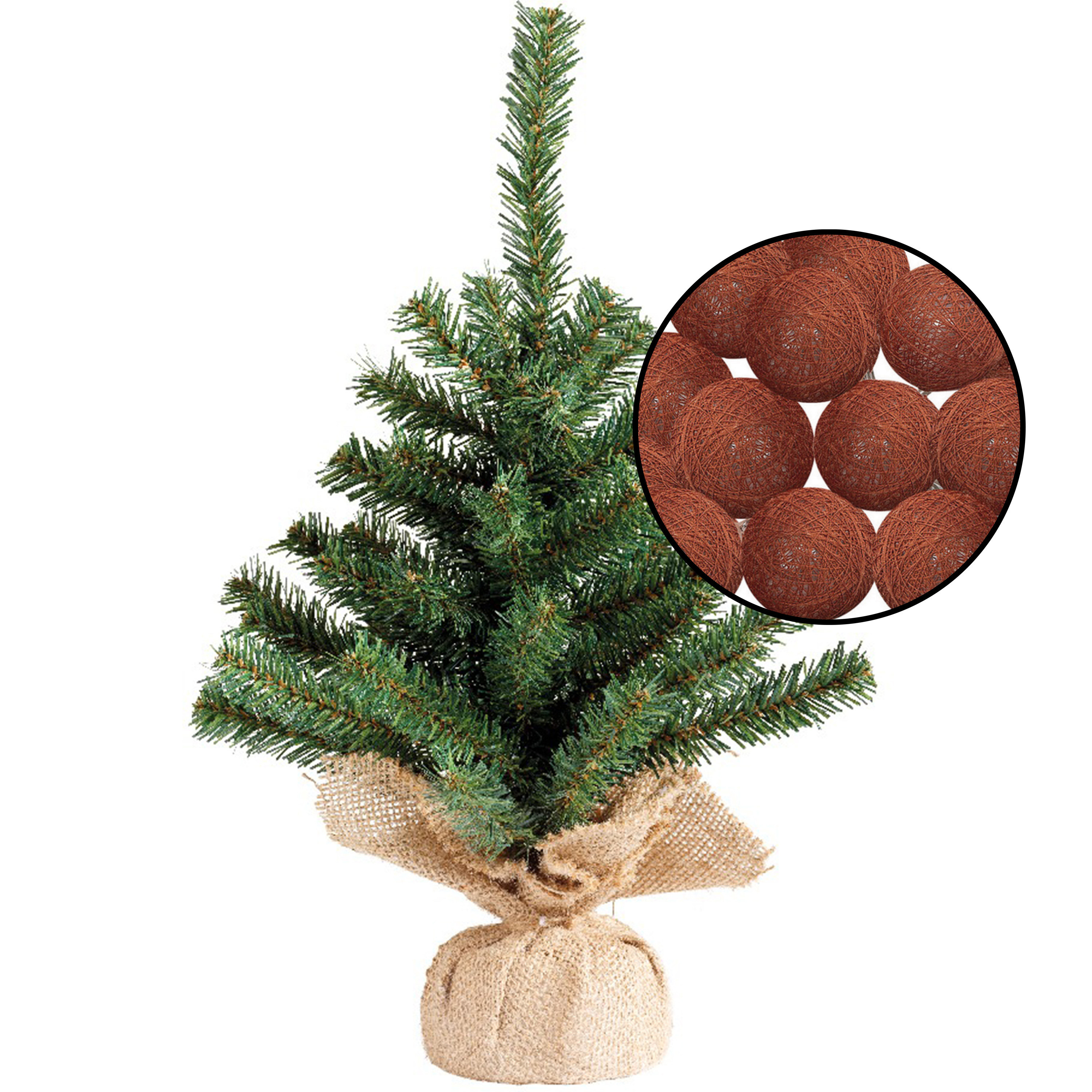 Mini kerstboompje groen - met lichtsnoer bollen terracotta bruin - H45 cm -
