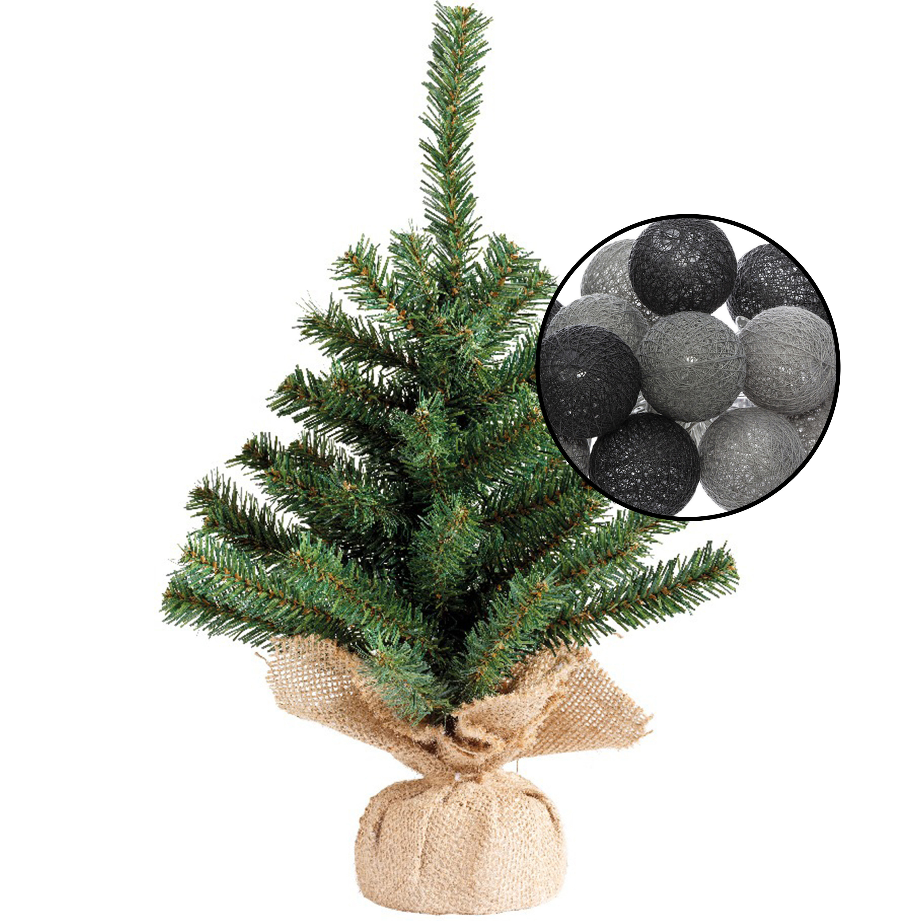 Mini kunst kerstboom groen met verlichting bollen mix zwart/grijs - H45 cm -