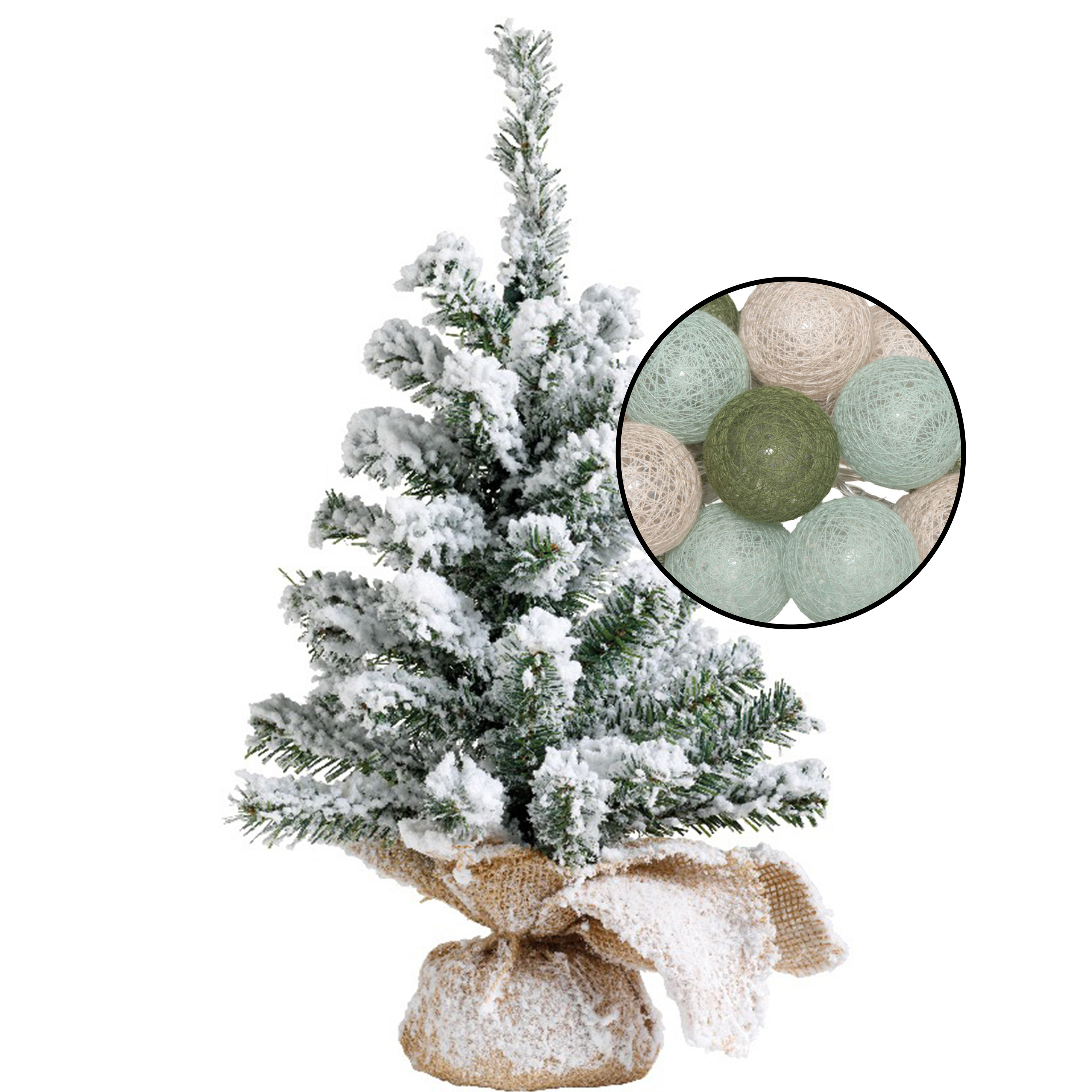 Mini kerstboom met sneeuw - incl. lichtslinger met bollen mix groen - H45 cm -