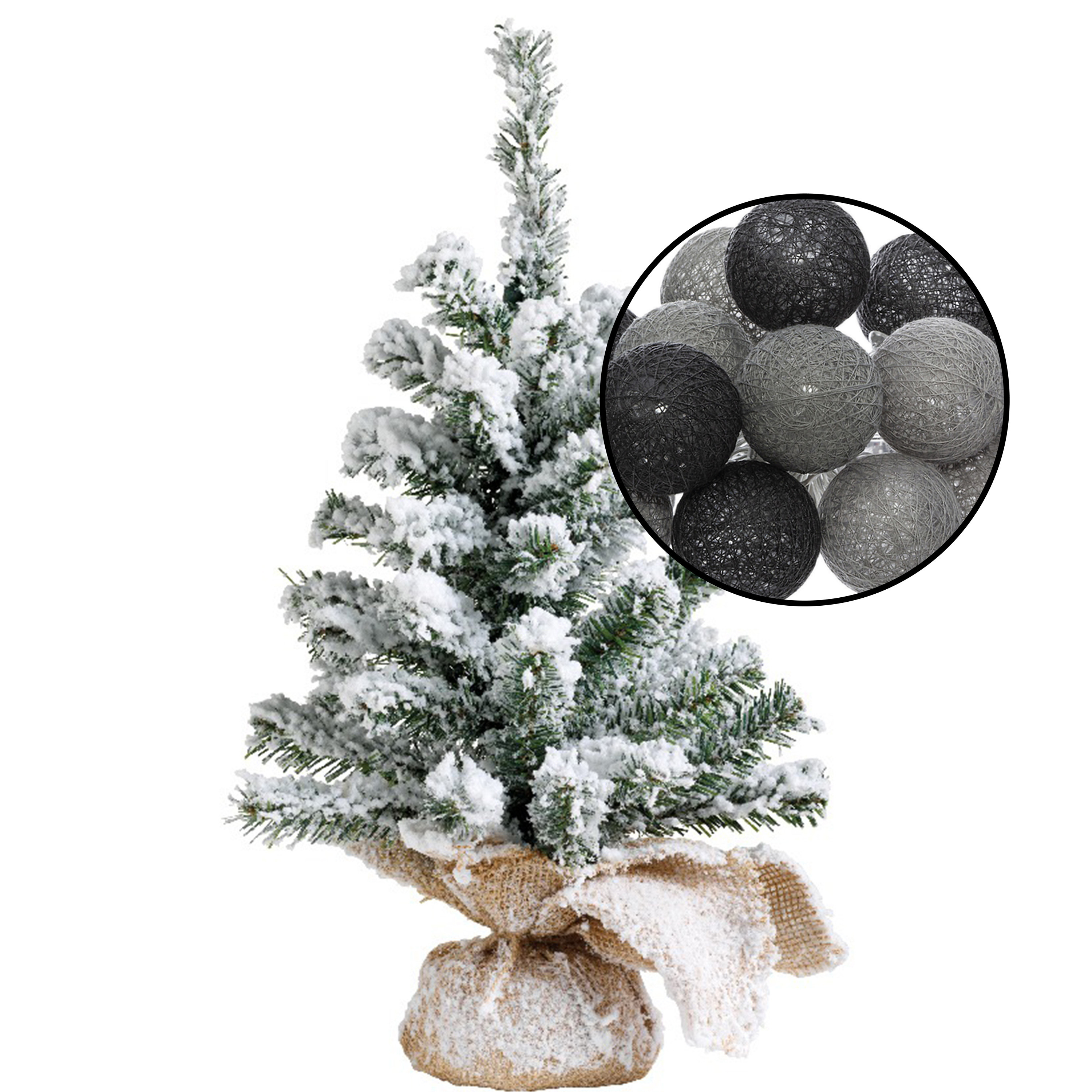 Mini kerstboompje met sneeuw -incl. verlichting bollen zwart/grijs- H45 cm -