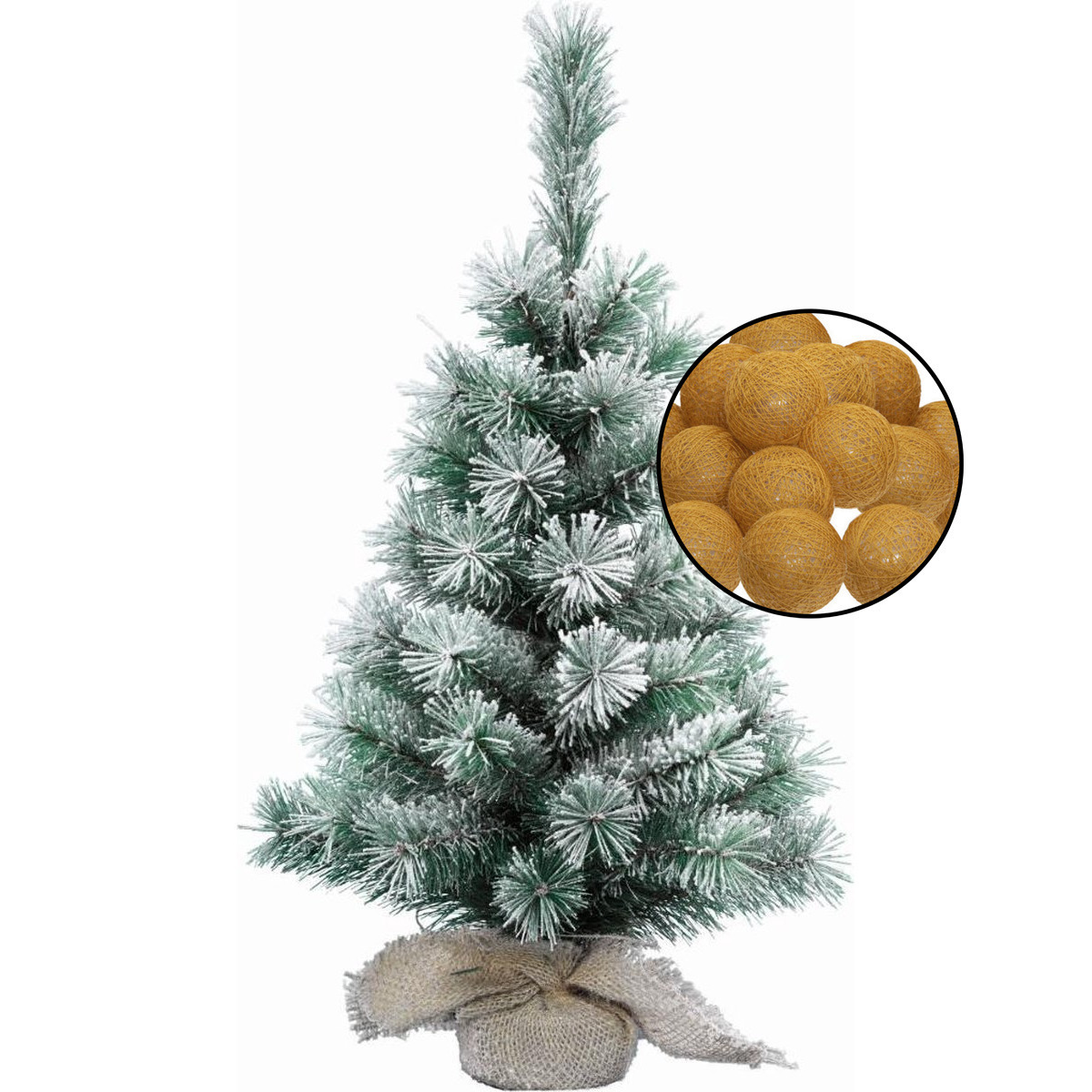 Kleine kunst kerstboom besneeuwd -incl. lichtsnoer bollen geel oker - H60 cm -