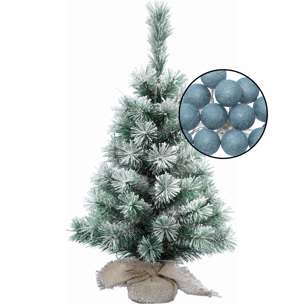 Klein kunst kerstboompje besneeuwd -incl. verlichting bollen blauw - H60 cm -