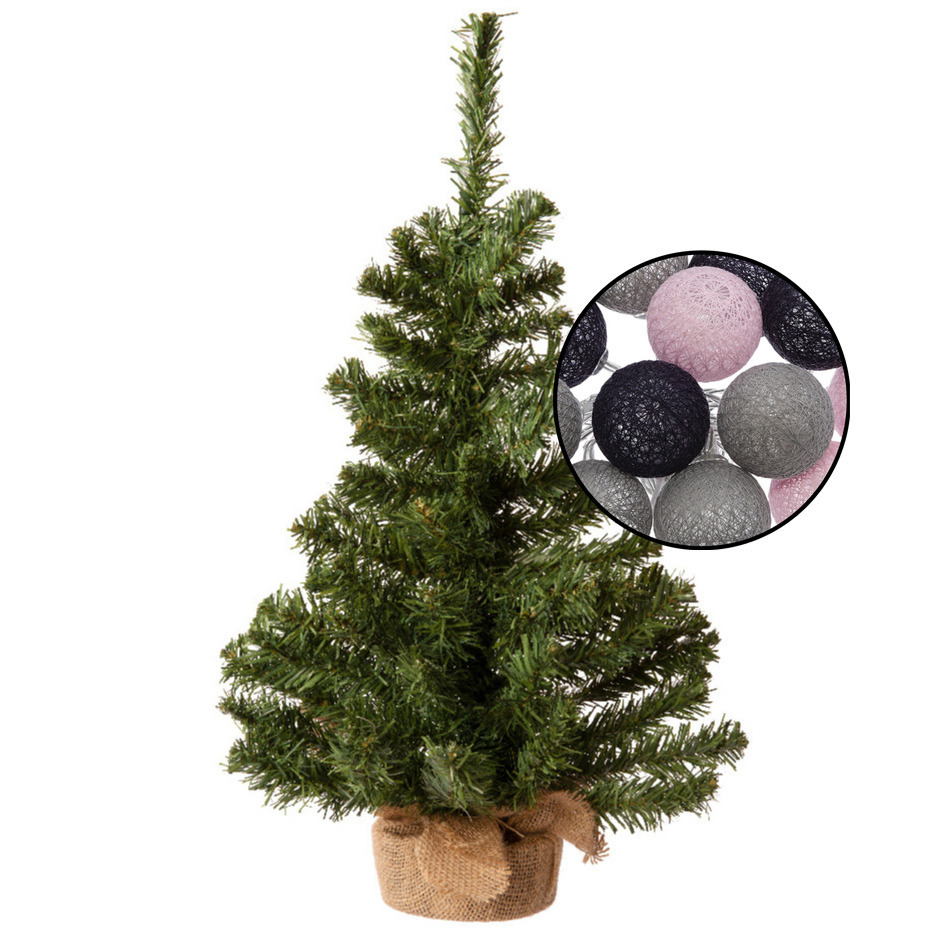 Mini kunst kerstboom groen - met lichtsnoer bollen mix grijs/lichtroze - H60 cm -