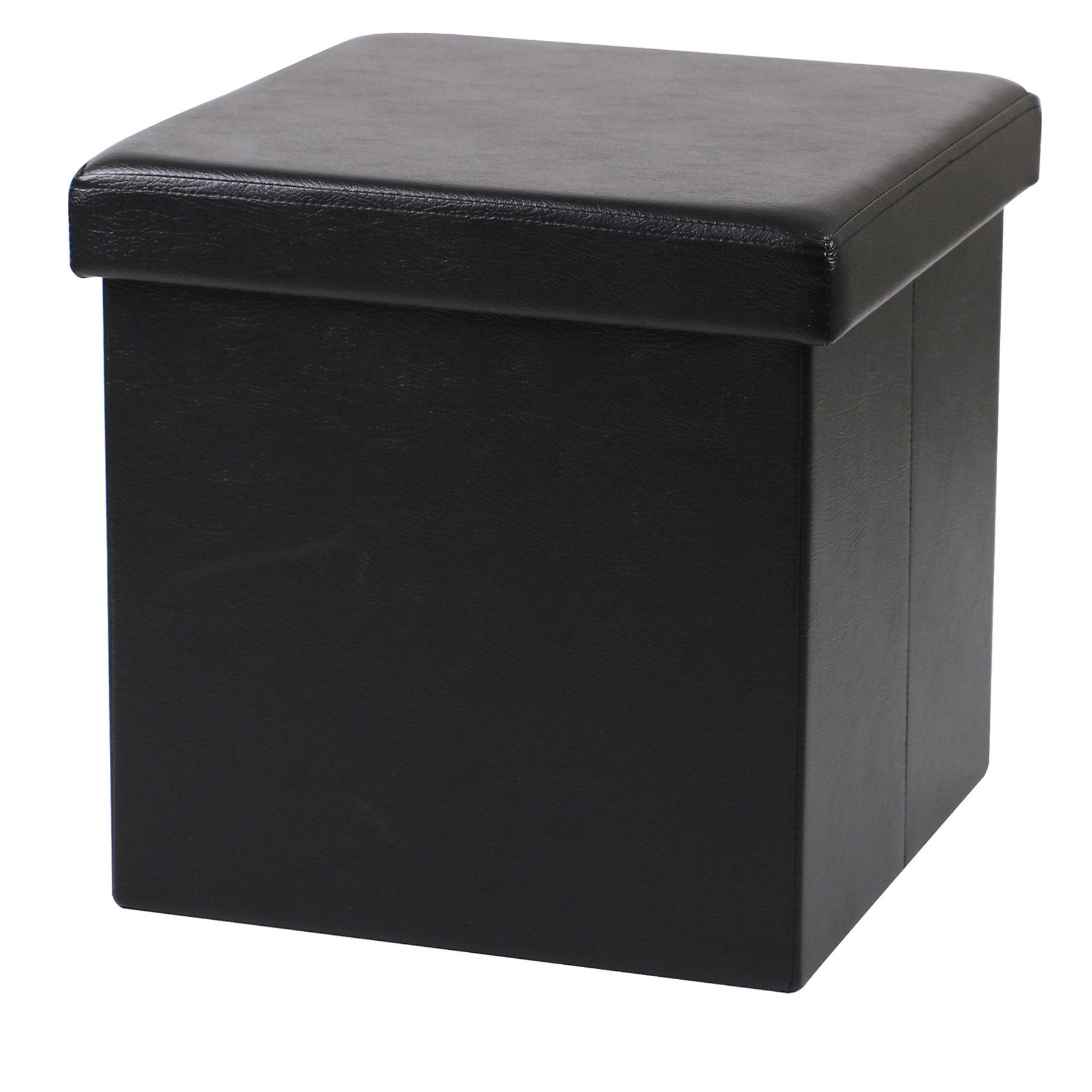 Poef Leather BOX - hocker - opbergbox - zwart - PU/mdf - 38 x 38 cm - opvouwbaar -