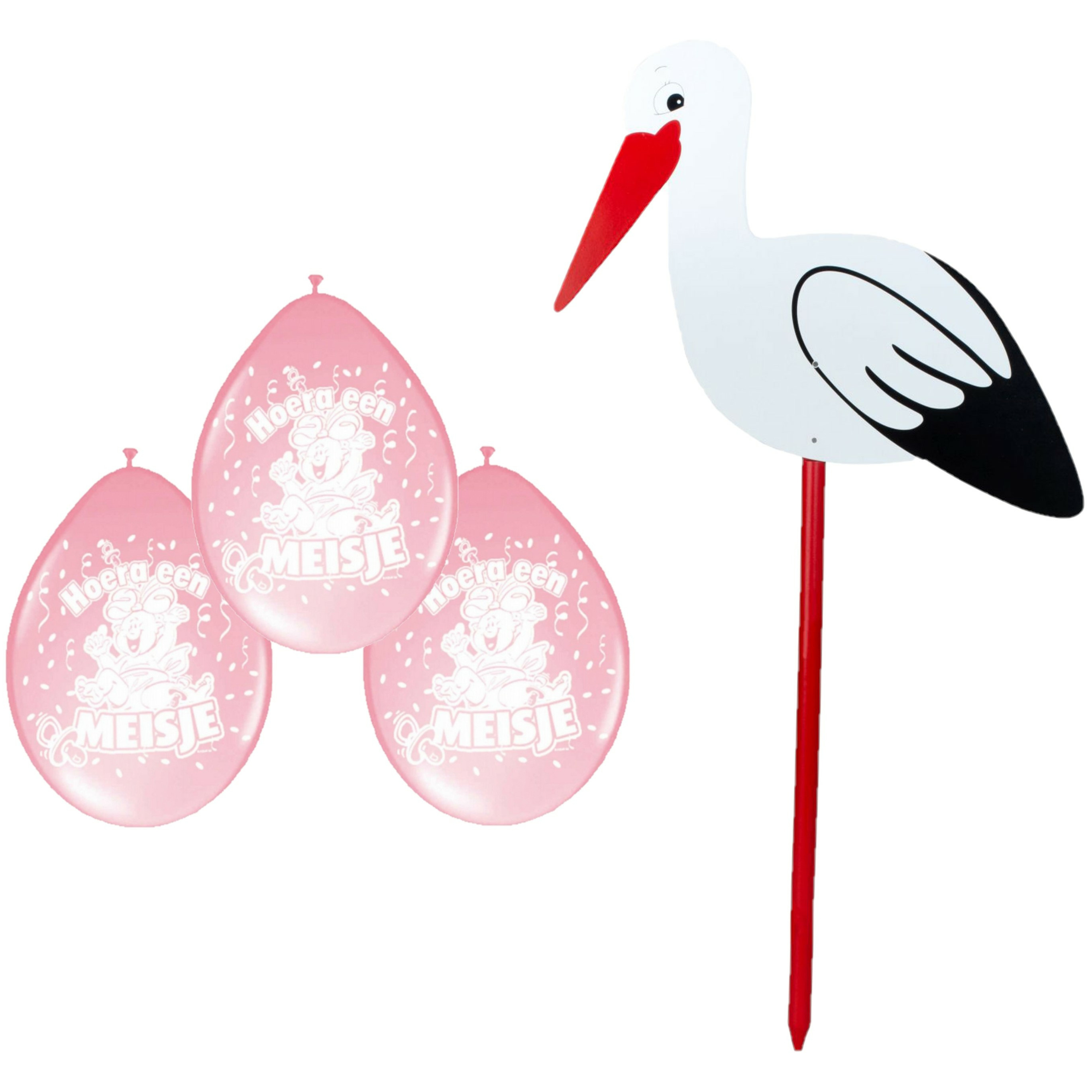 Geboorte versiering meisje - ooievaar geboorte bord - 100 cm hoog - 8x roze ballonnen -