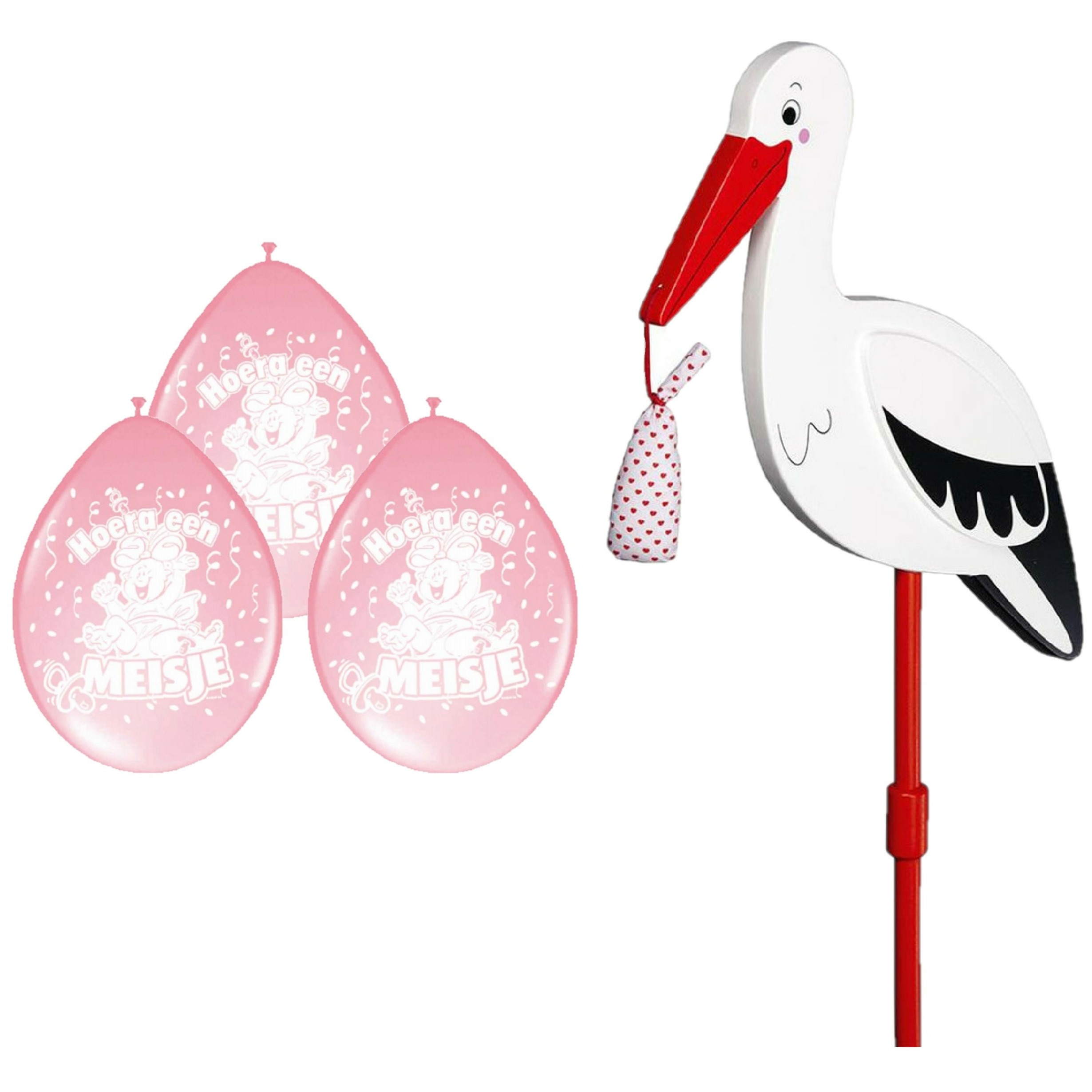 Geboorte versiering meisje - ooievaar geboorte bord - 77 cm hoog - 8x roze ballonnen -