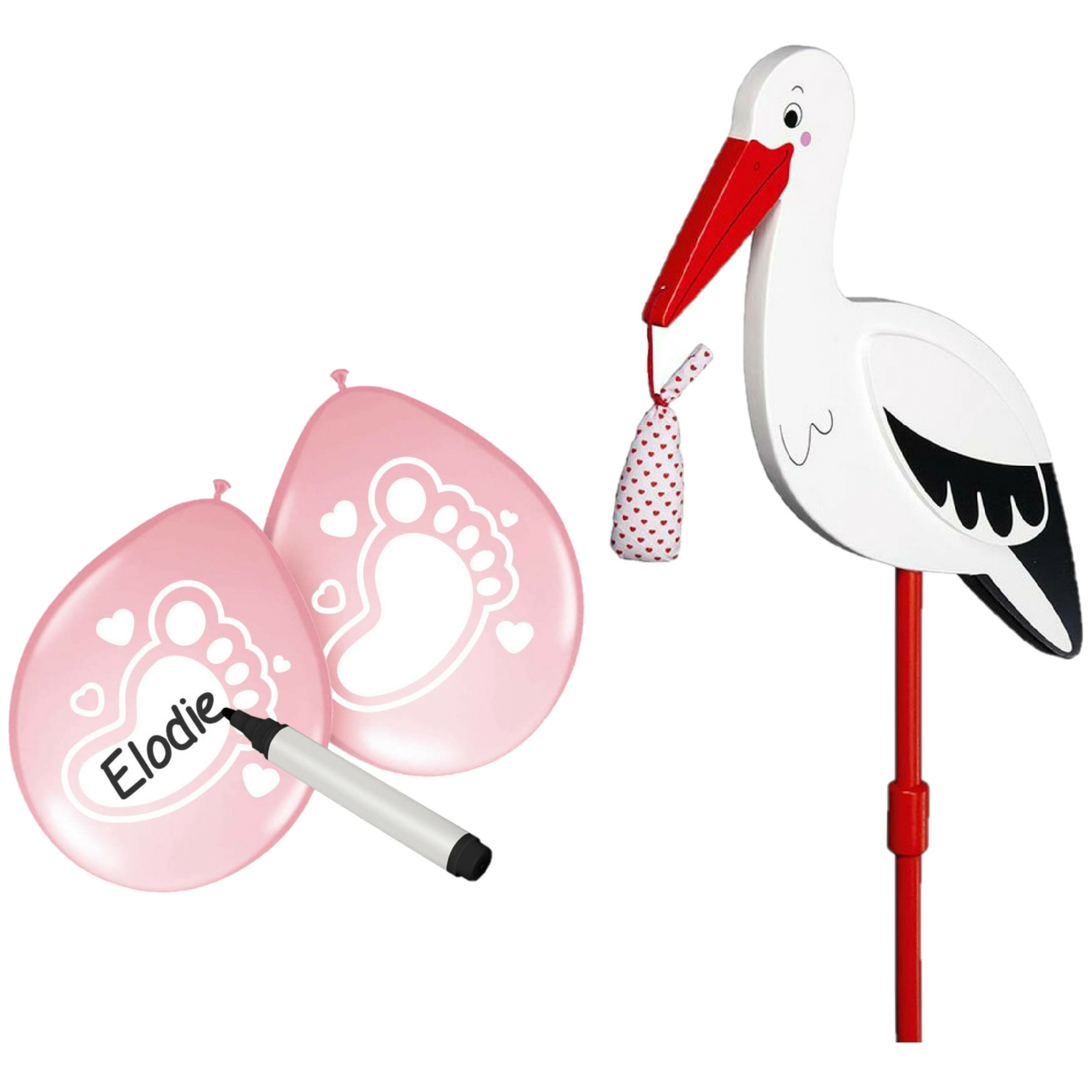Geboorte versiering meisje - ooievaar geboorte bord - 77 cm hoog - 6x roze ballonnen -