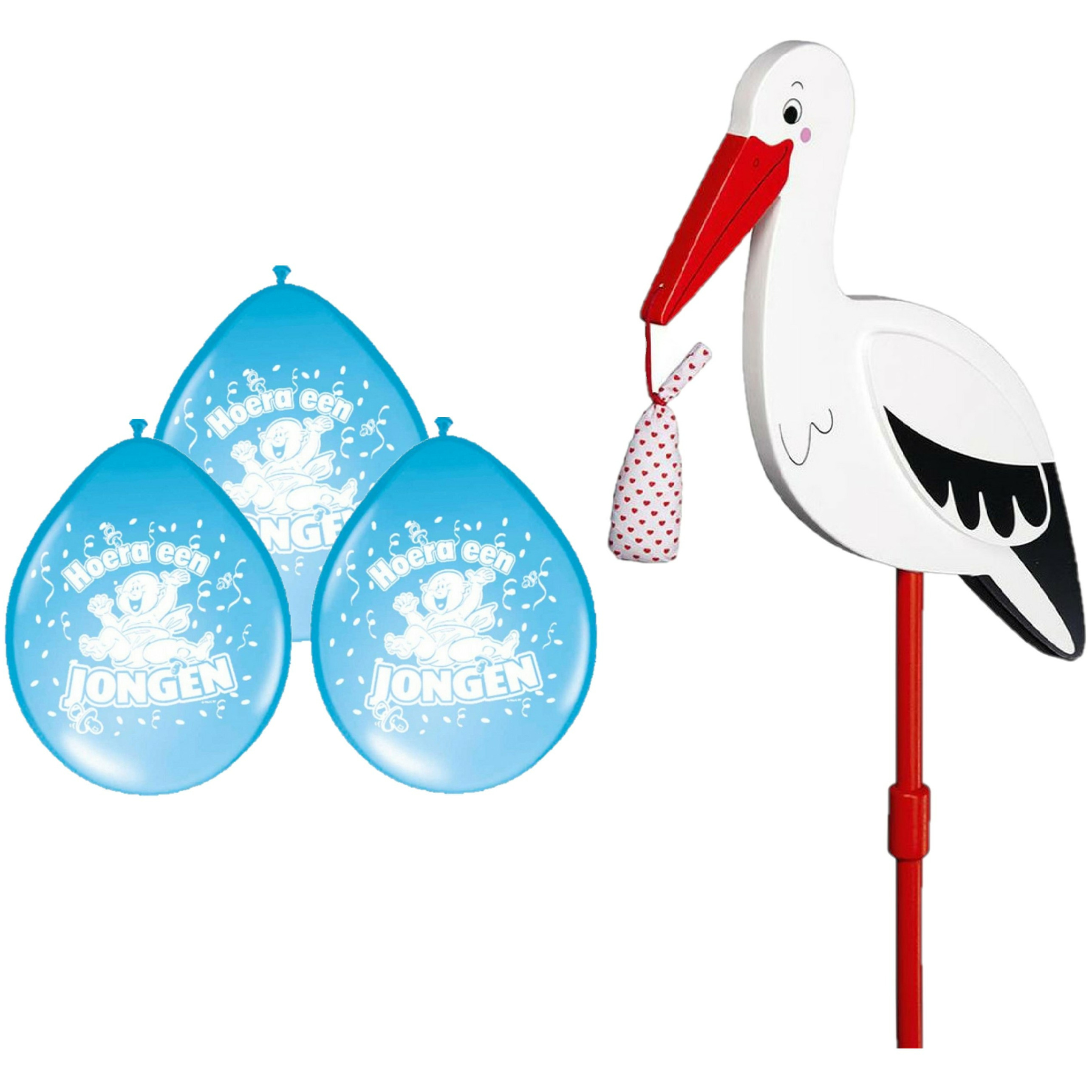 Geboorte versiering jongen - ooievaar geboorte bord - 77 cm hoog - 8x blauwe ballonnen -